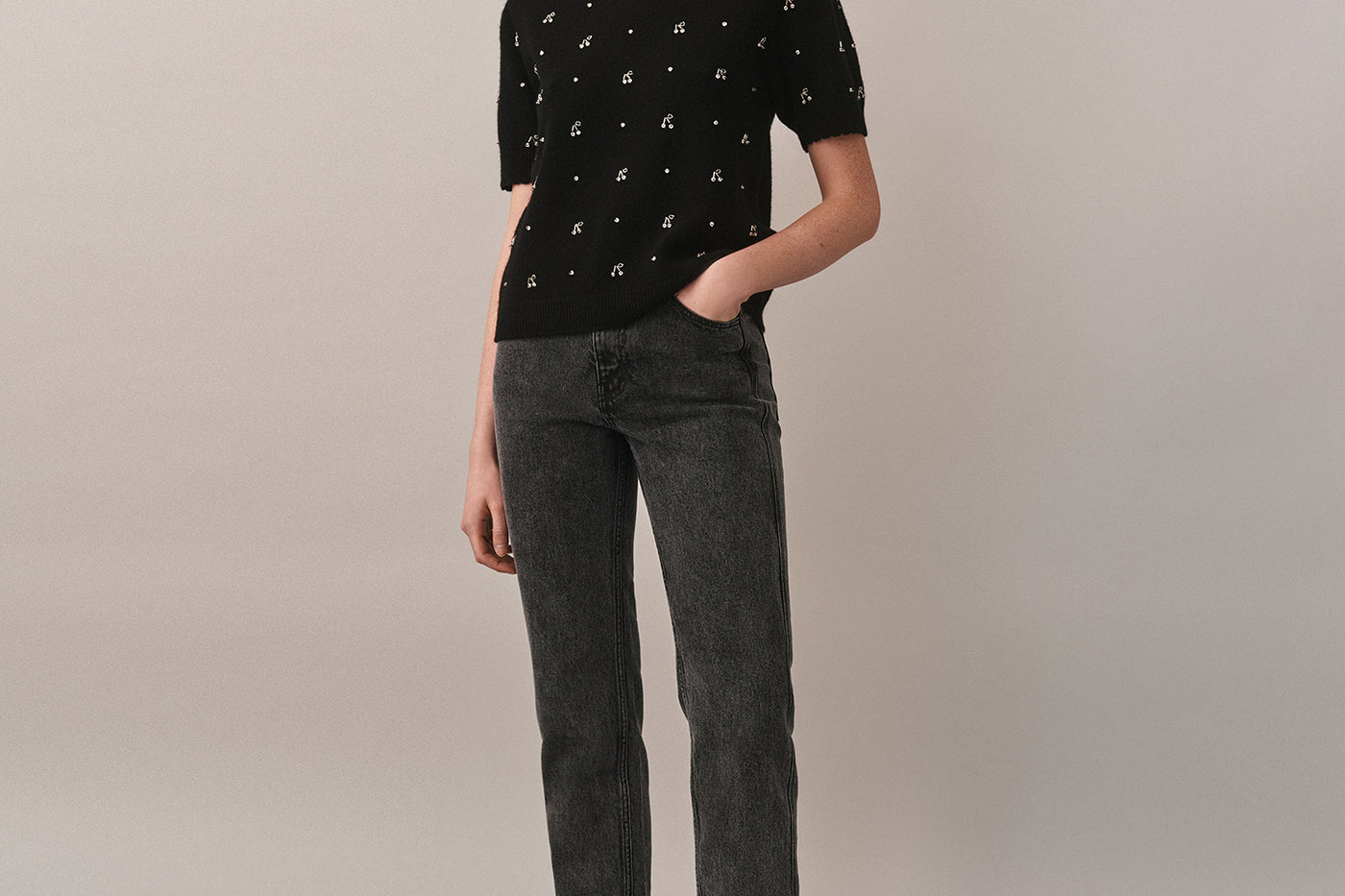 Women's Winter Look 2025 - Cherry Embroidered Sweater