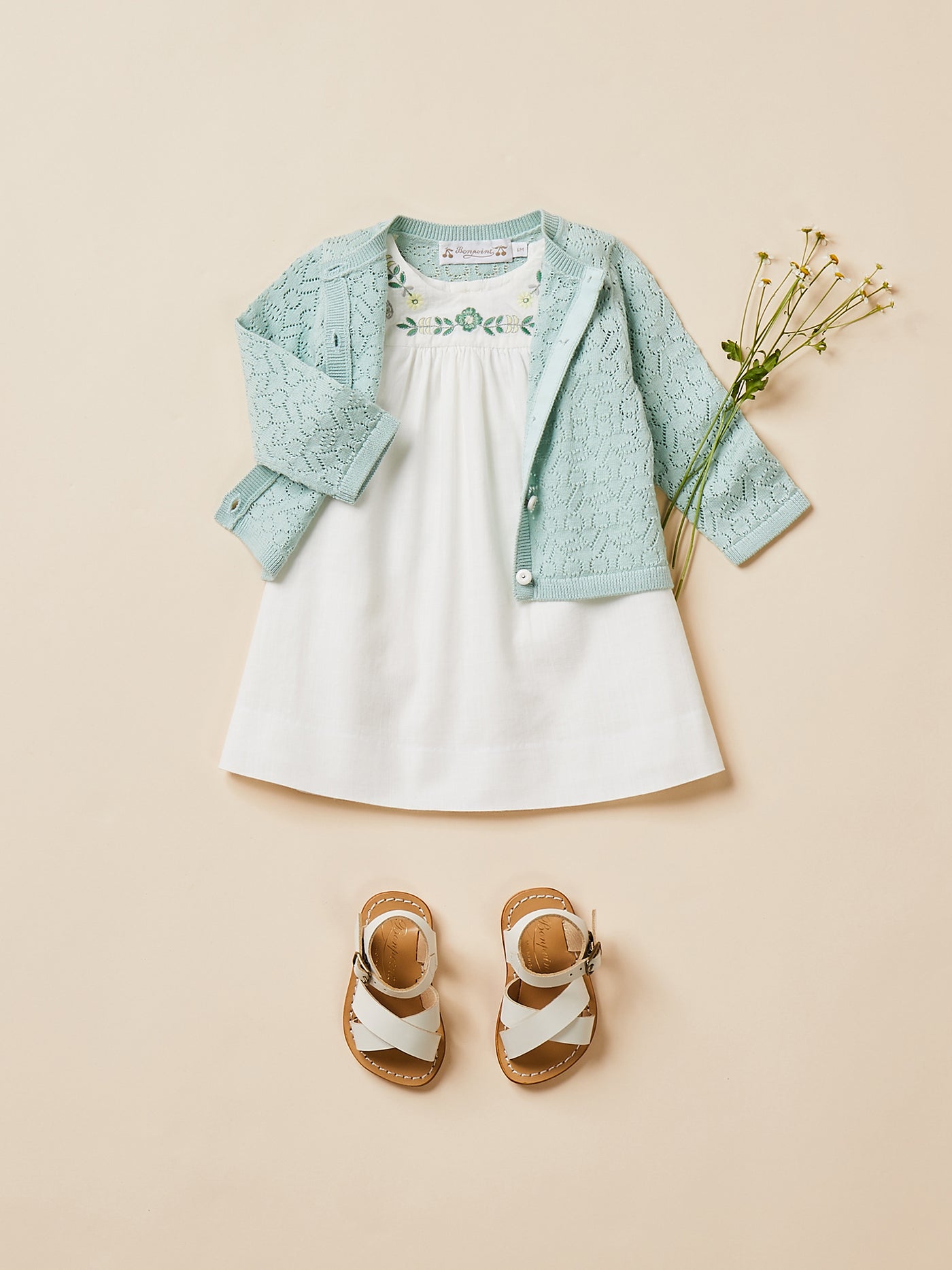 Baby girl's look summer 2024 openwork cotton cardigan