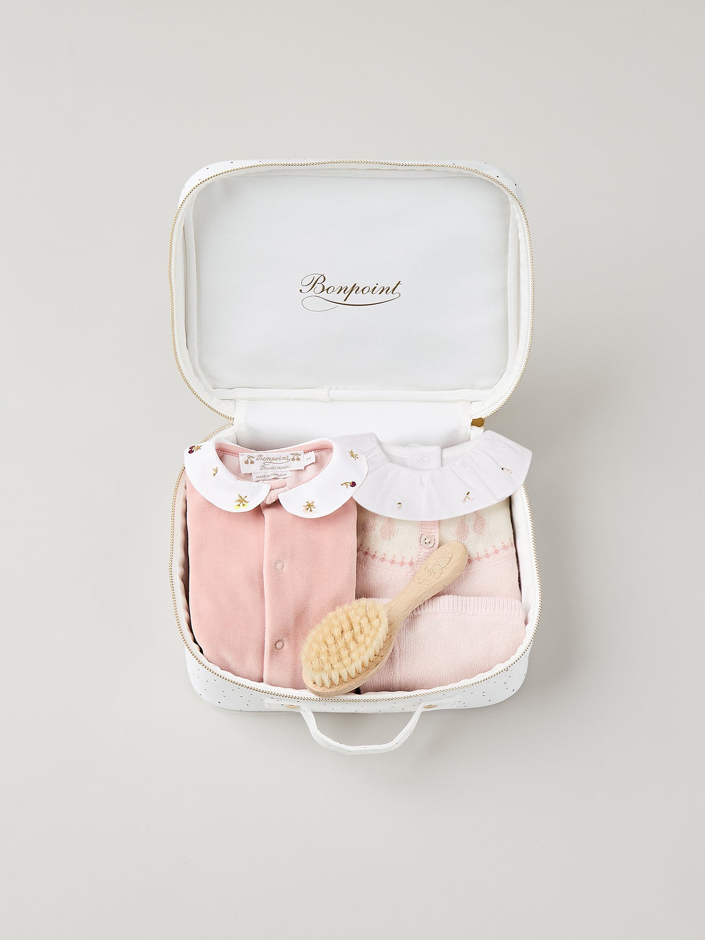 Medium newborn suitcase for girls - Cashmere and pink velour