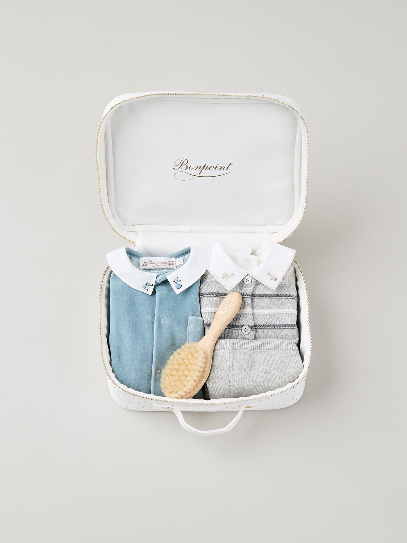 Medium newborn suitcase for boys - Wool and blue velour