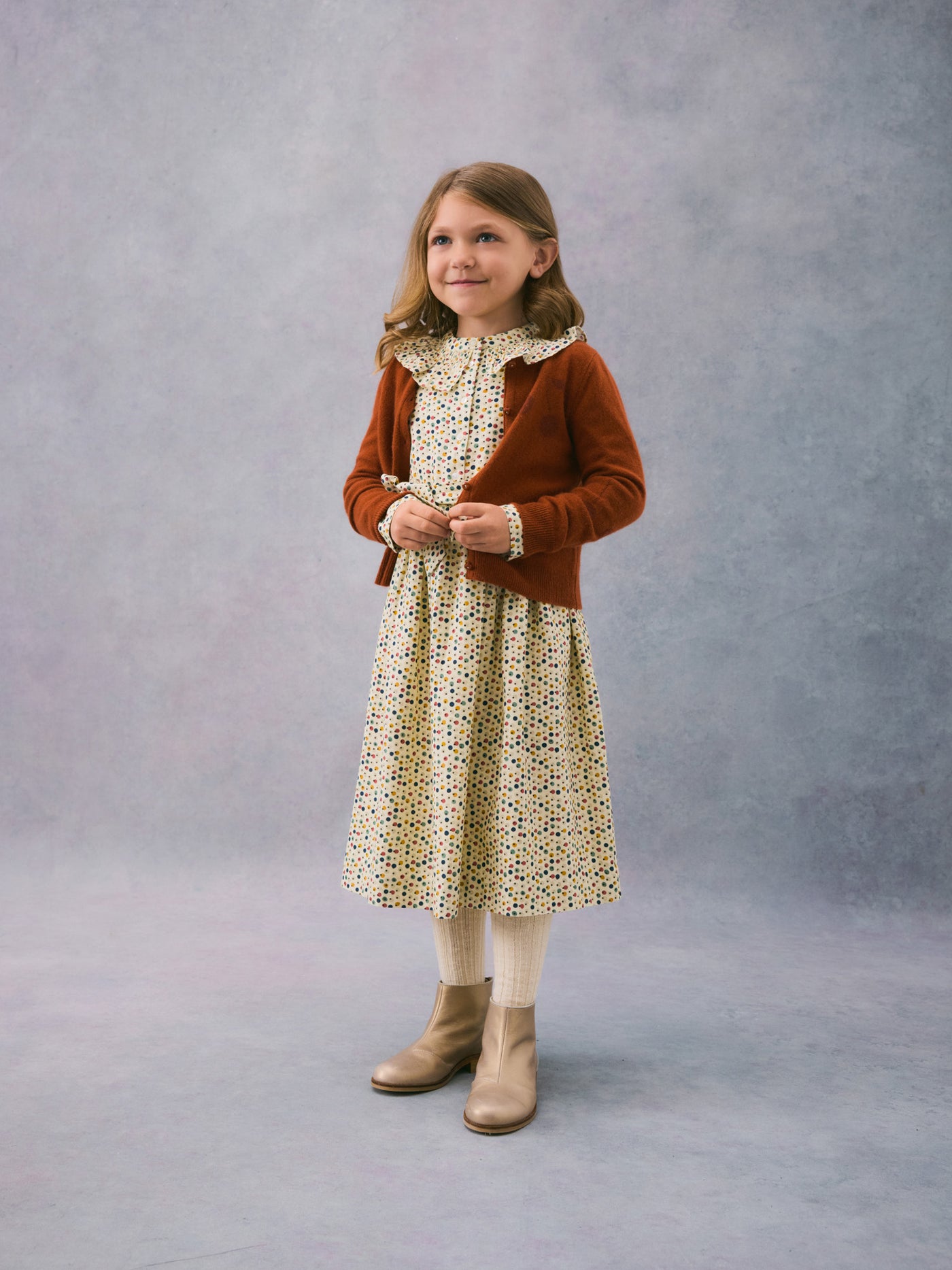 Winter 2024 girl's look green floral dress