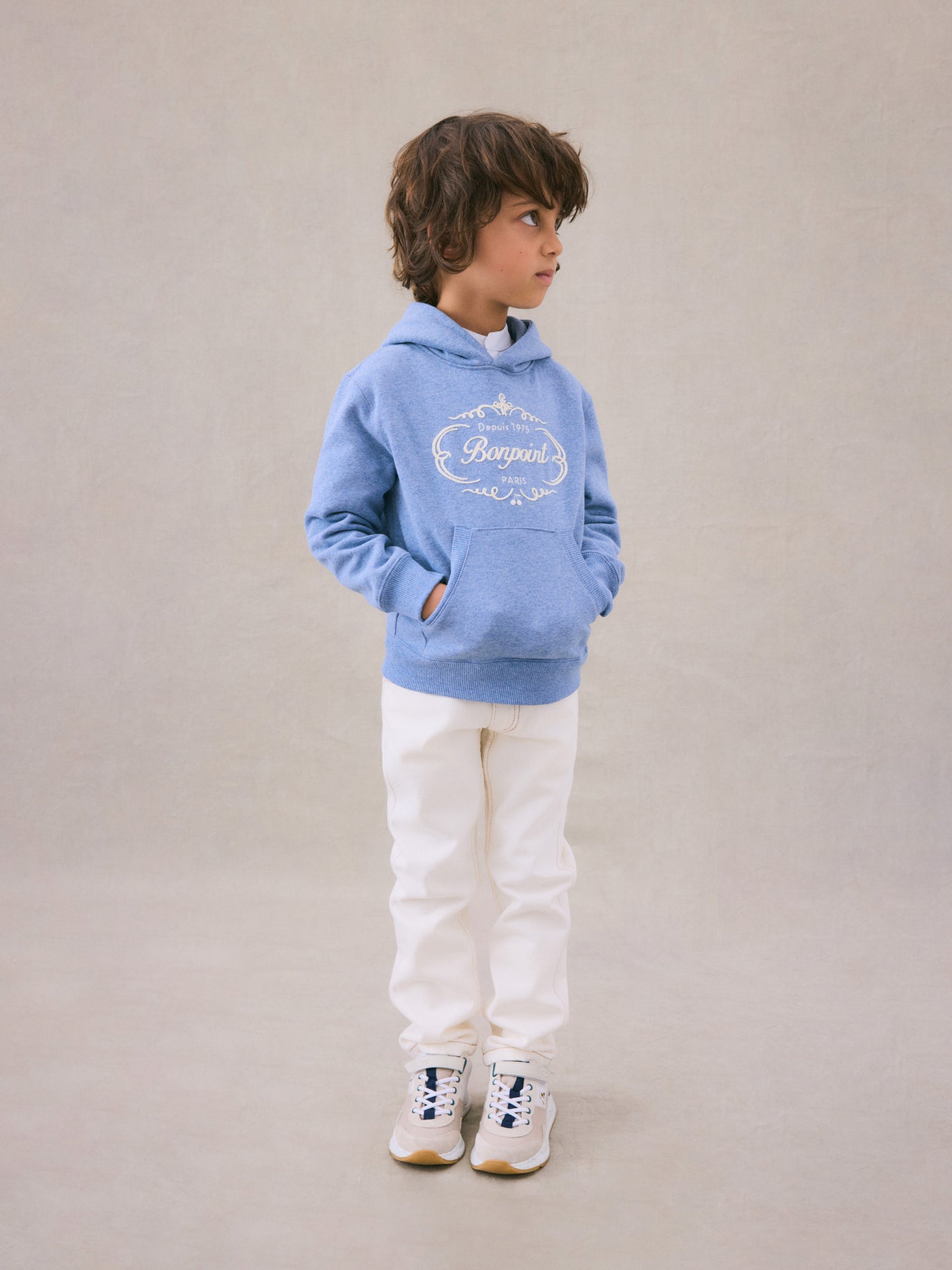 Winter 2024 boy's look blue hooded sweatshirt