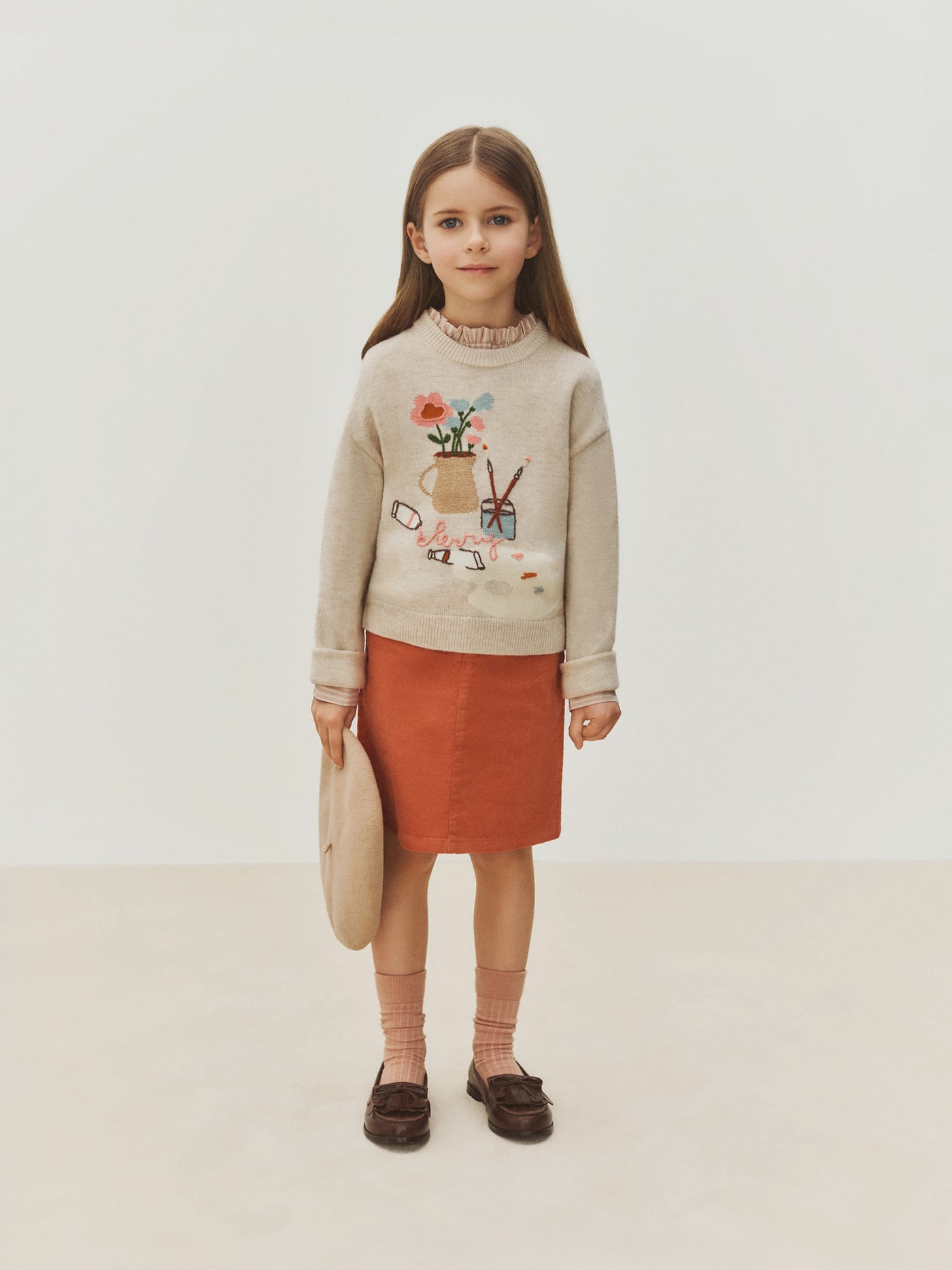 Tahini sweater with hand embroidered painter's workshop