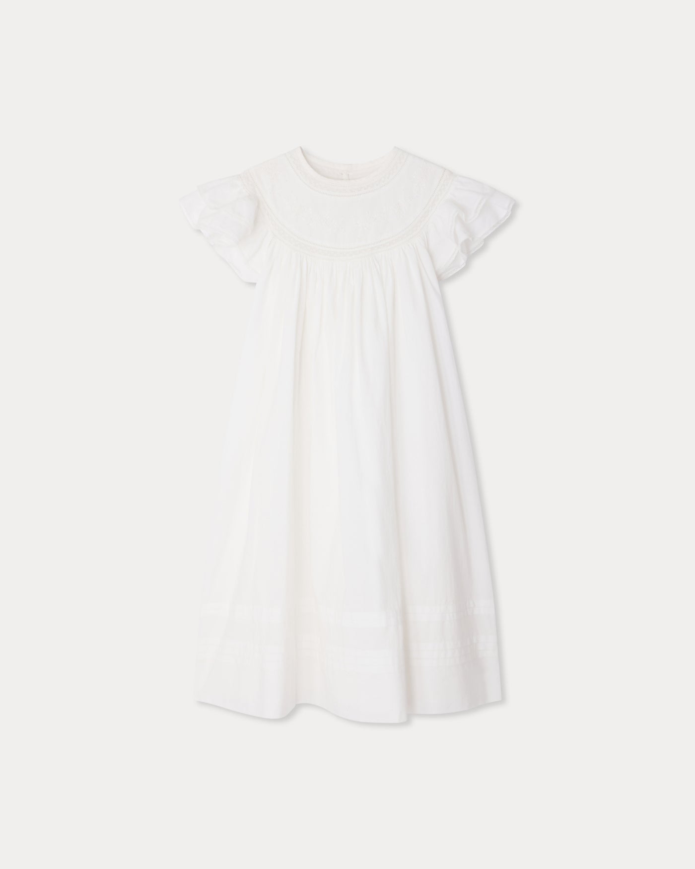 Leocardie dress hand-embroidered in organic cotton voile and Calais lace