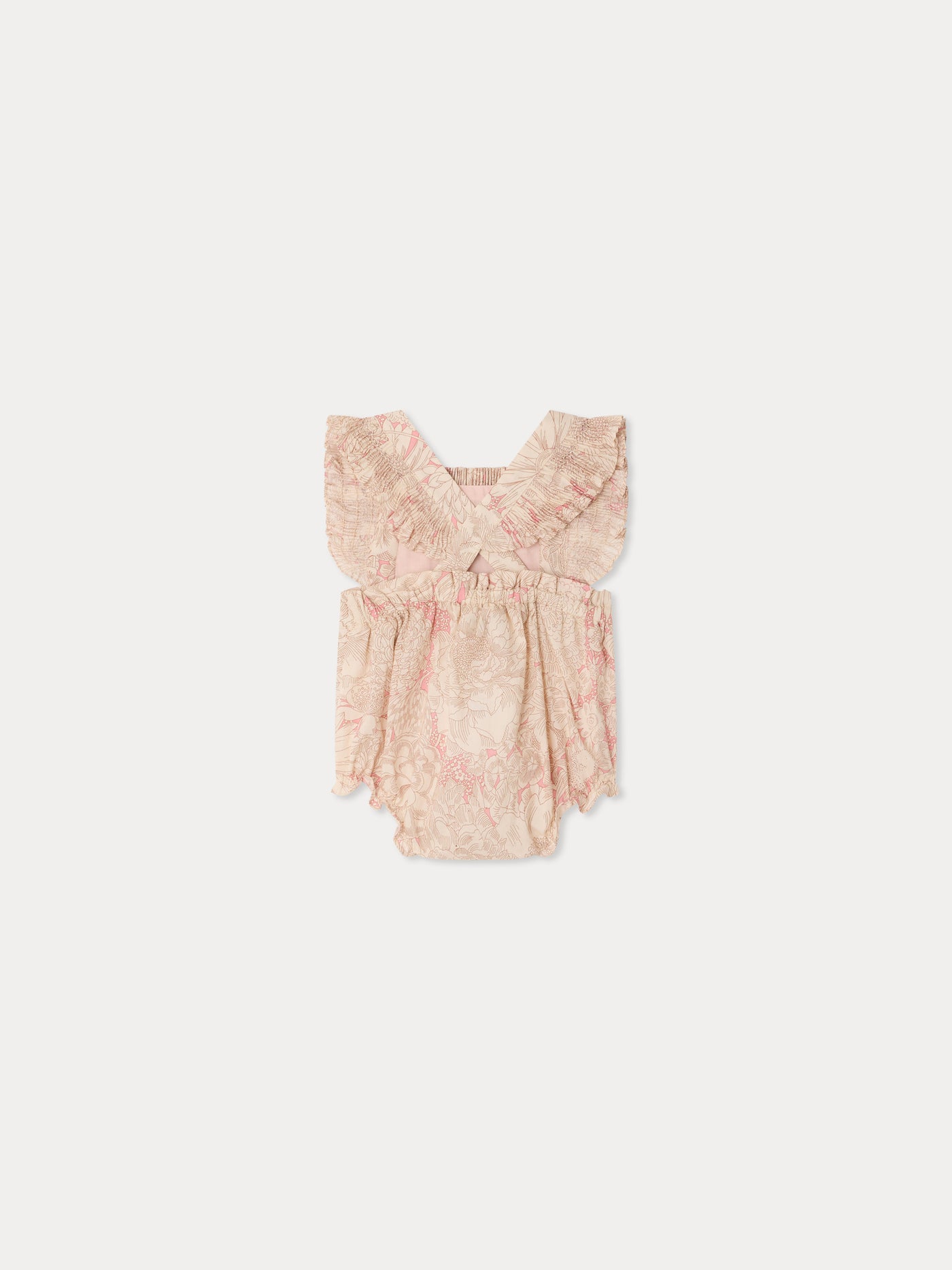 Lakiss romper smocked and hand-embroidered in Liberty organic cotton fabric