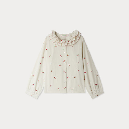Jaffa blouse with ruffles in striped organic cotton with cherry embroidery