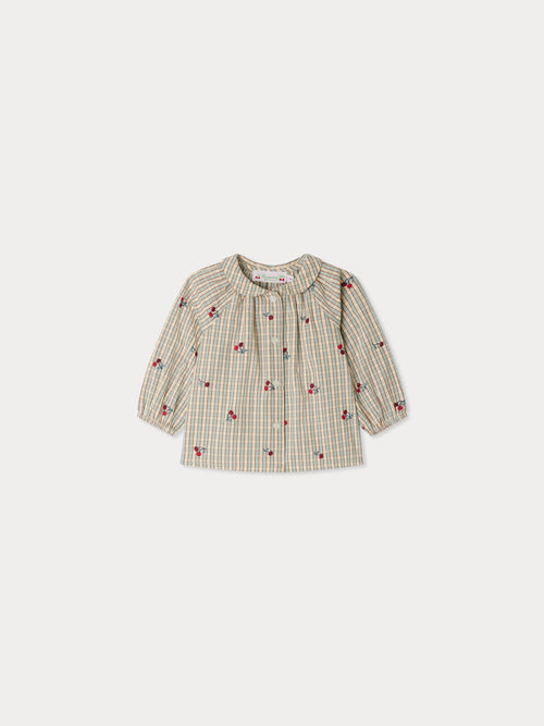 Domino plaid blouse embroidered with cherries in organic cotton