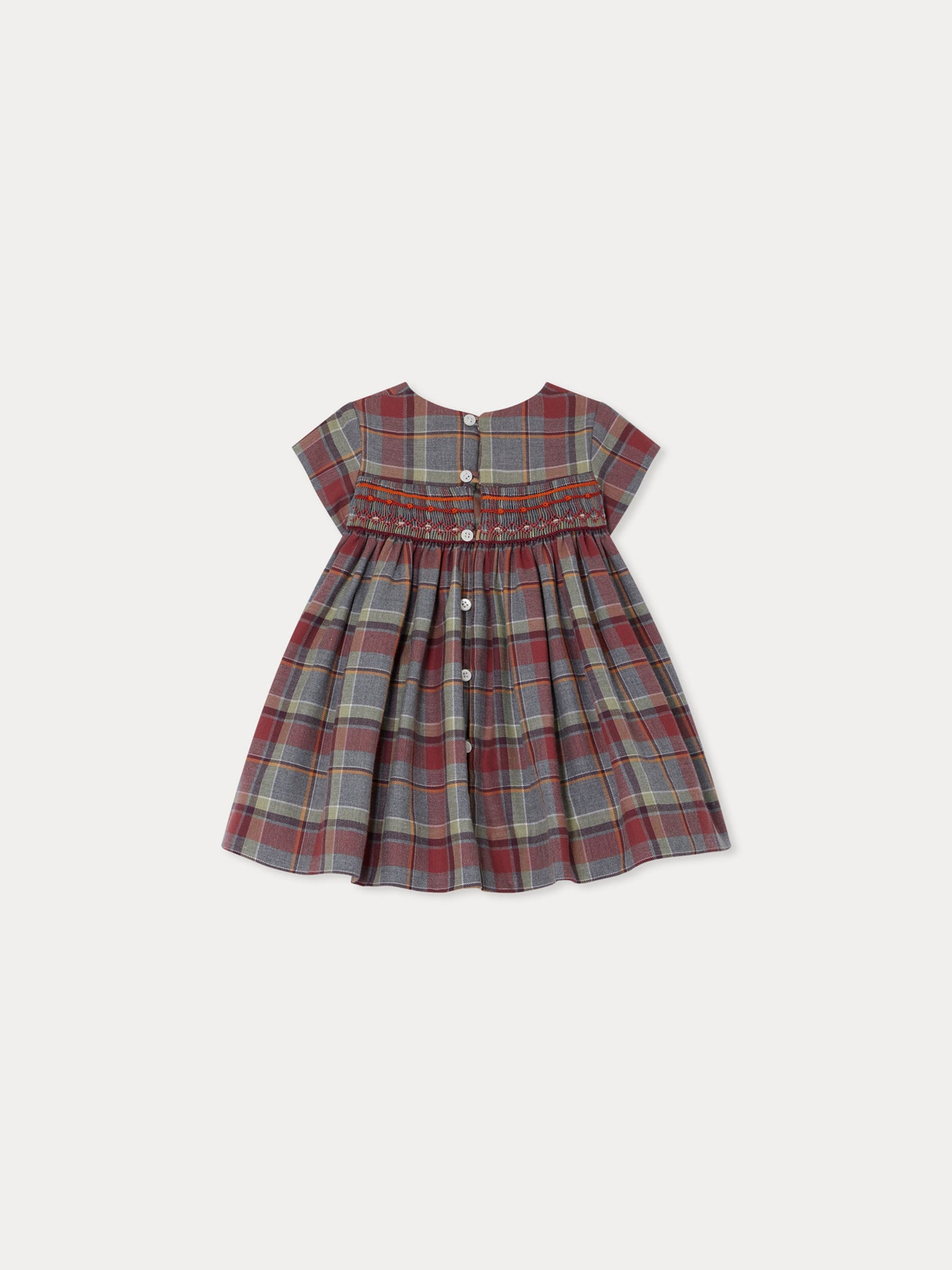 Marushka smocked and embroidered dress in burgundy checks