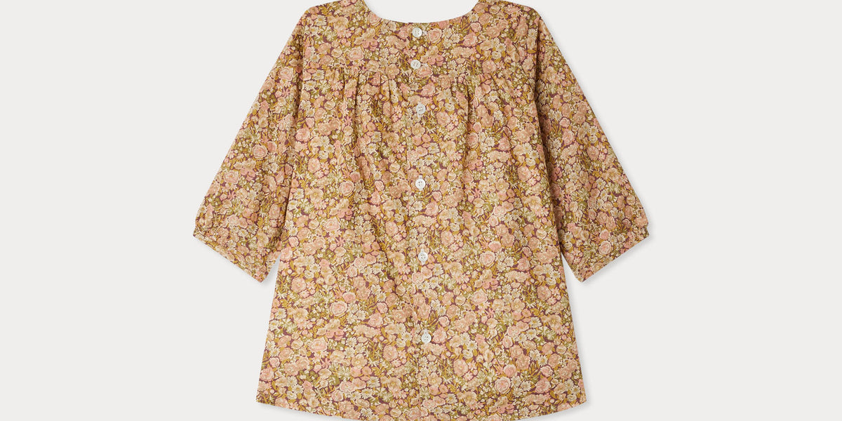 Félicie smocked and embroidered dress in Liberty fabric in organic cotton Camellia pink flowers / 3M