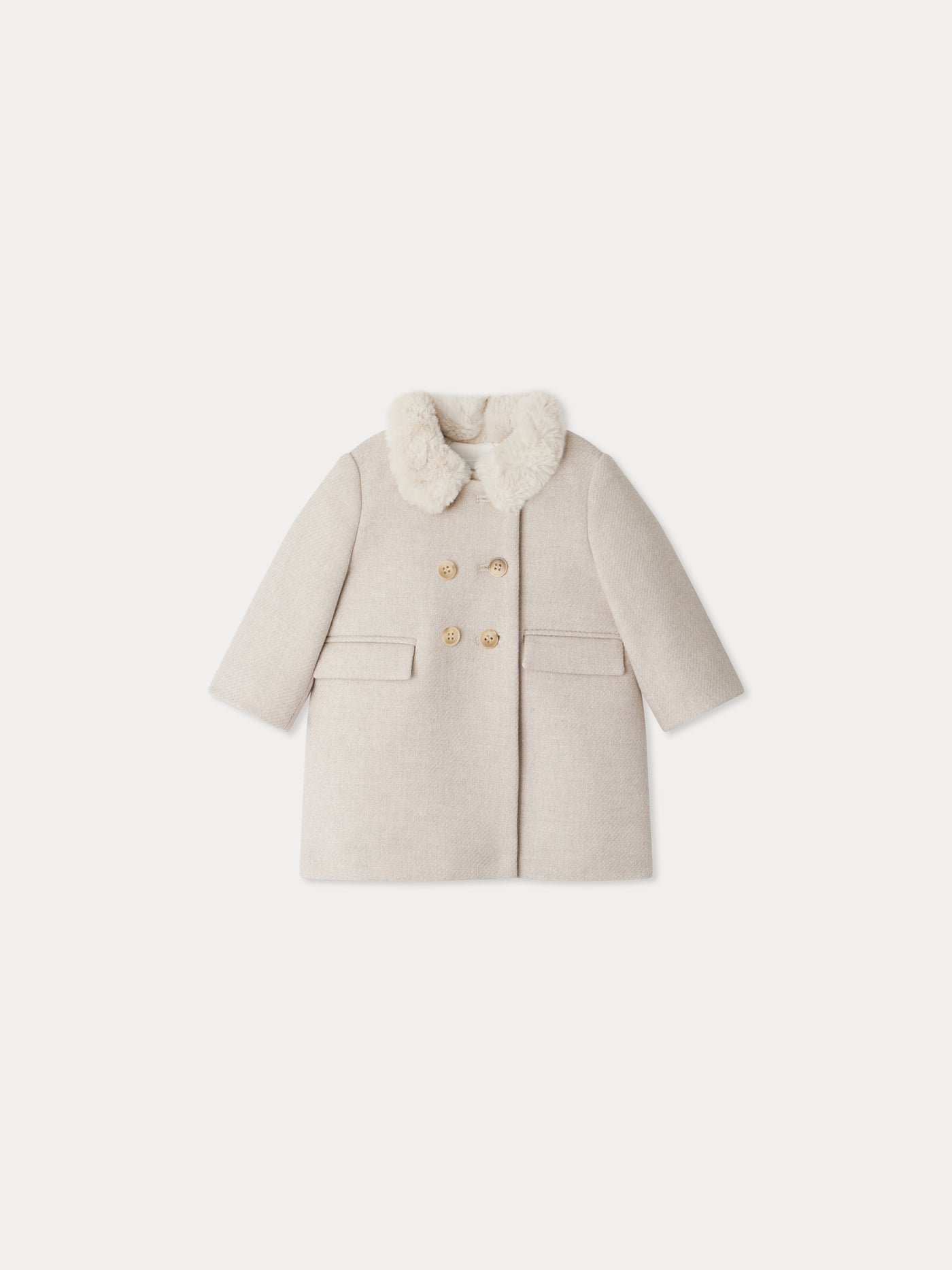 Moka wool coat with a faux fur collar