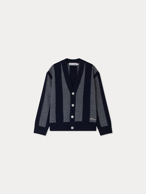 Mandel V-neck cardigan with grey stripes in wool