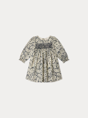 Jailys baby dress in Liberty fabric with smocking and hand embroidery in organic cotton