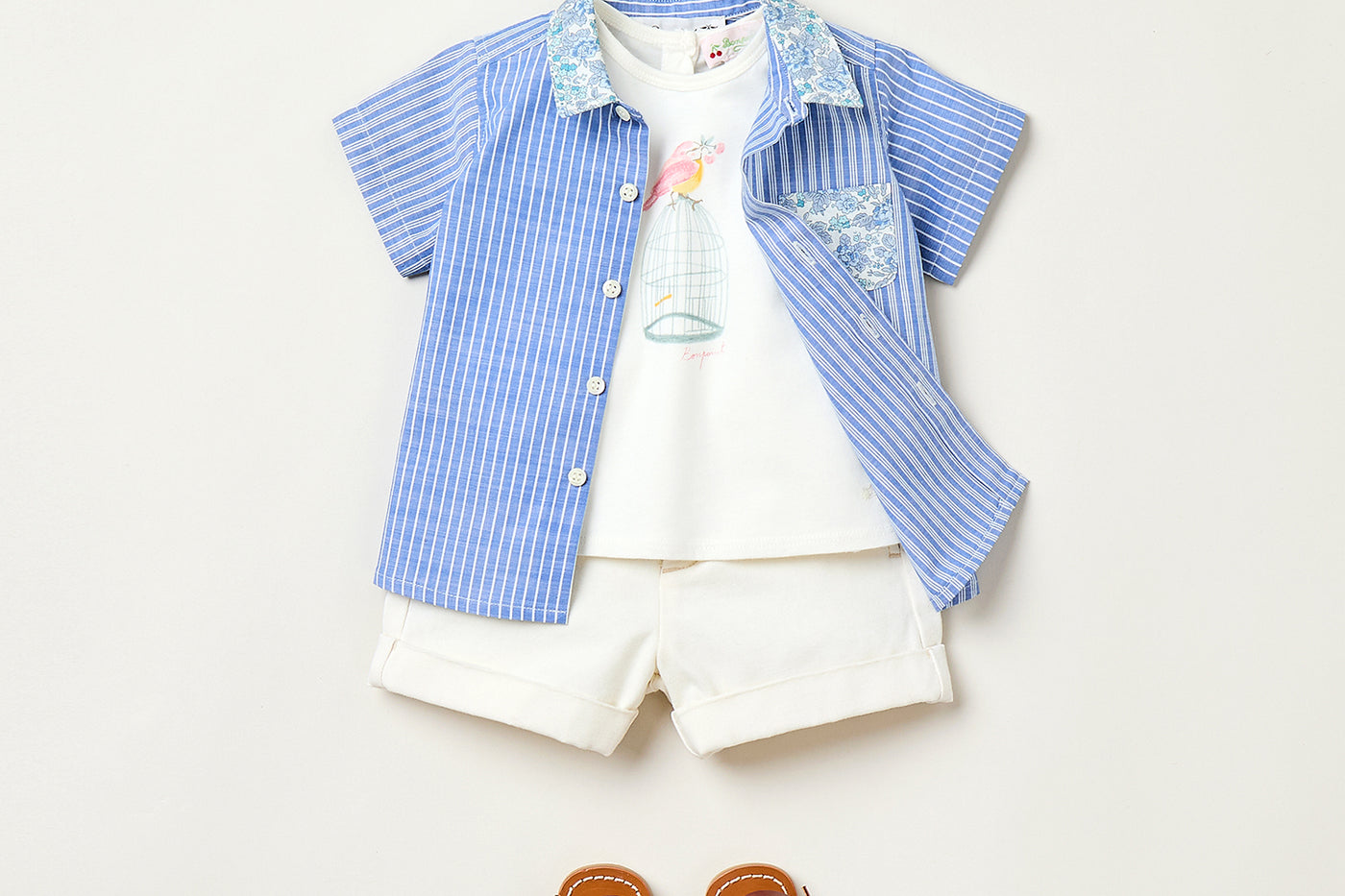 Summer 2025 Baby girl's look - Patchwork shirt and floral bob