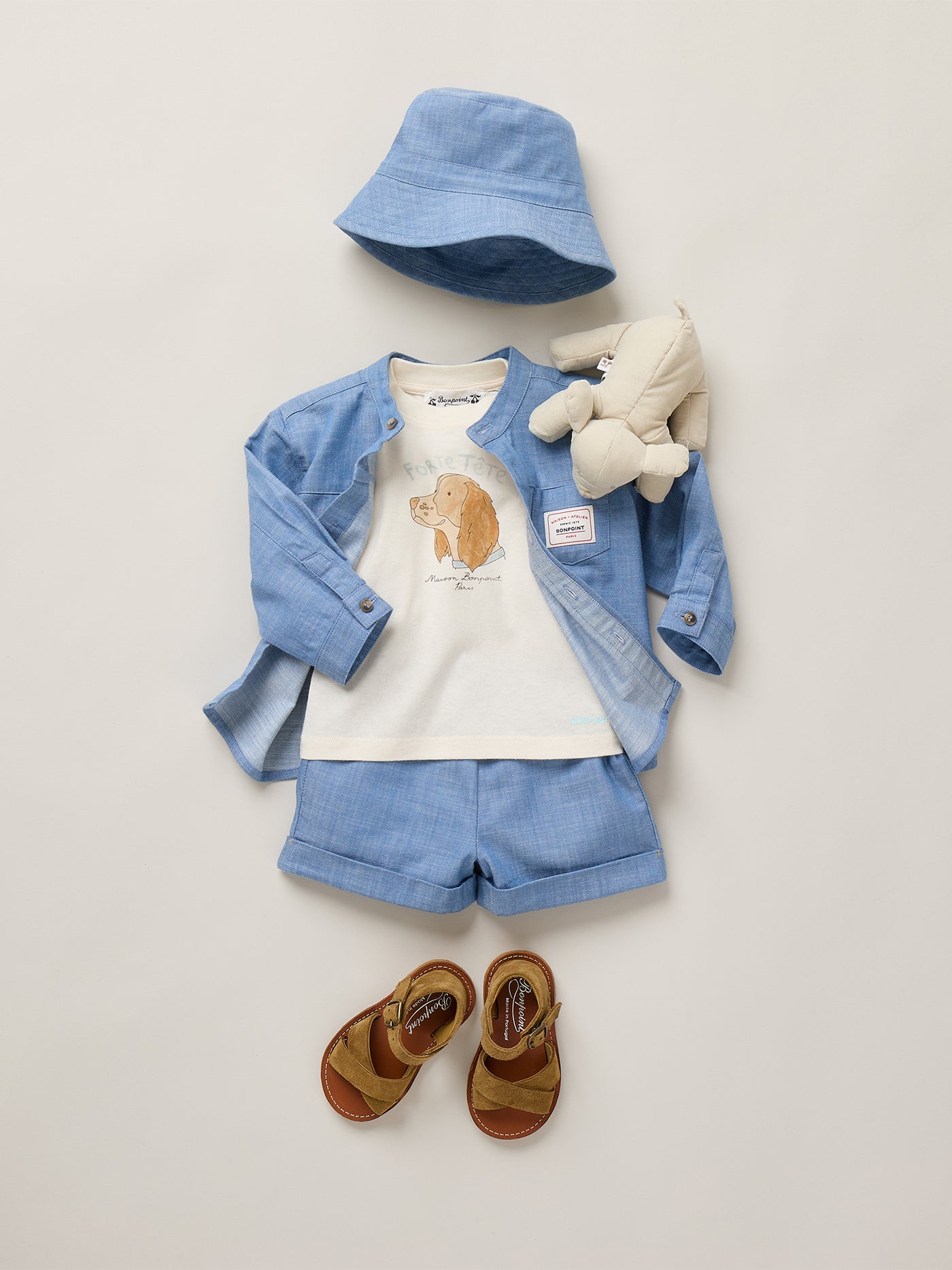 Baby boy summer 2026 look - Blue chambray shorts and shirt