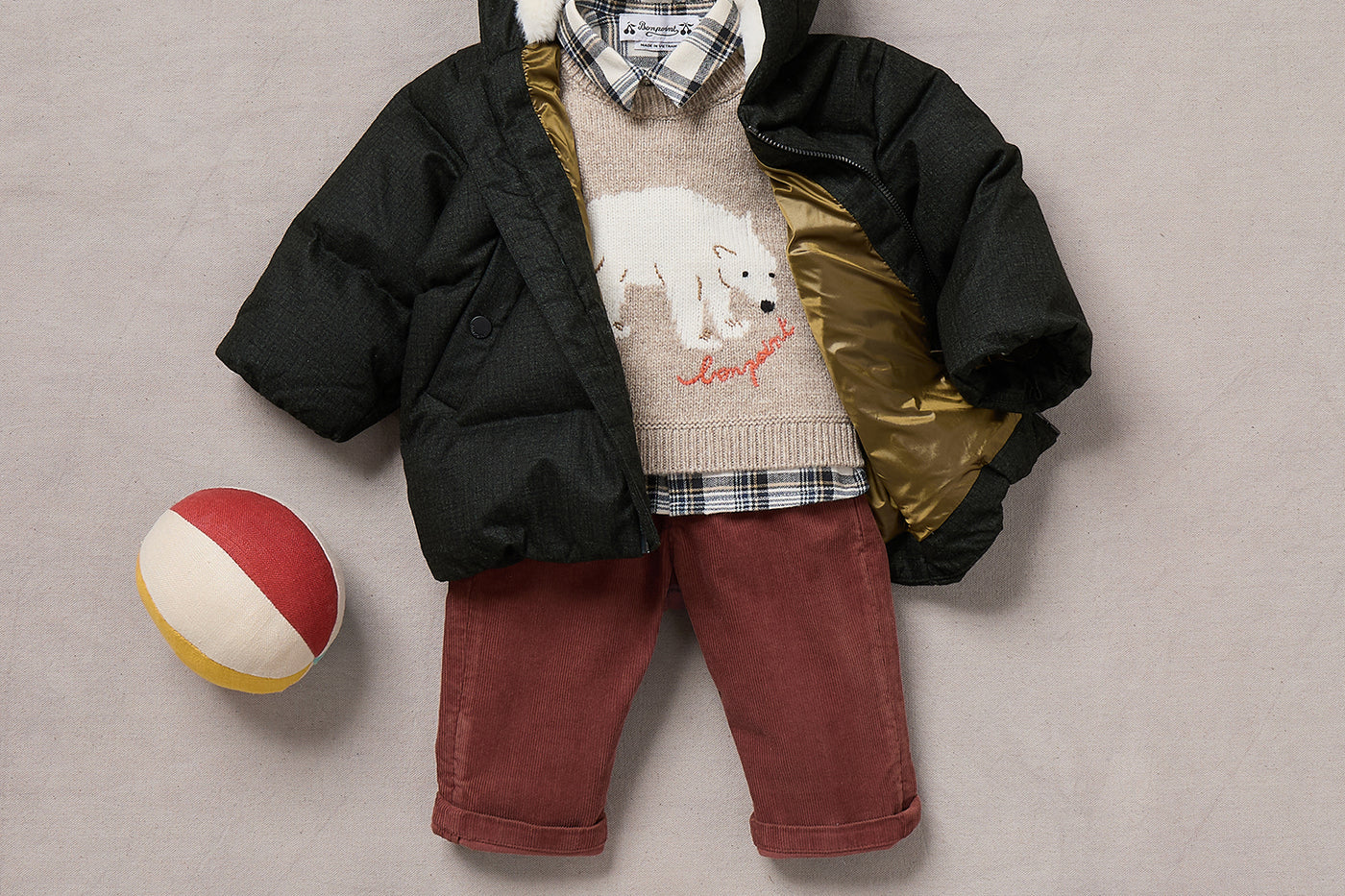 Winter 2024 Baby boy's look - Bear-print wool sweater