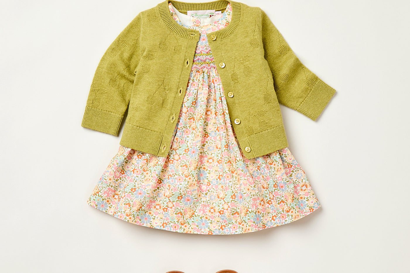 Summer 2025 Baby girl's look - Mustard cardigan