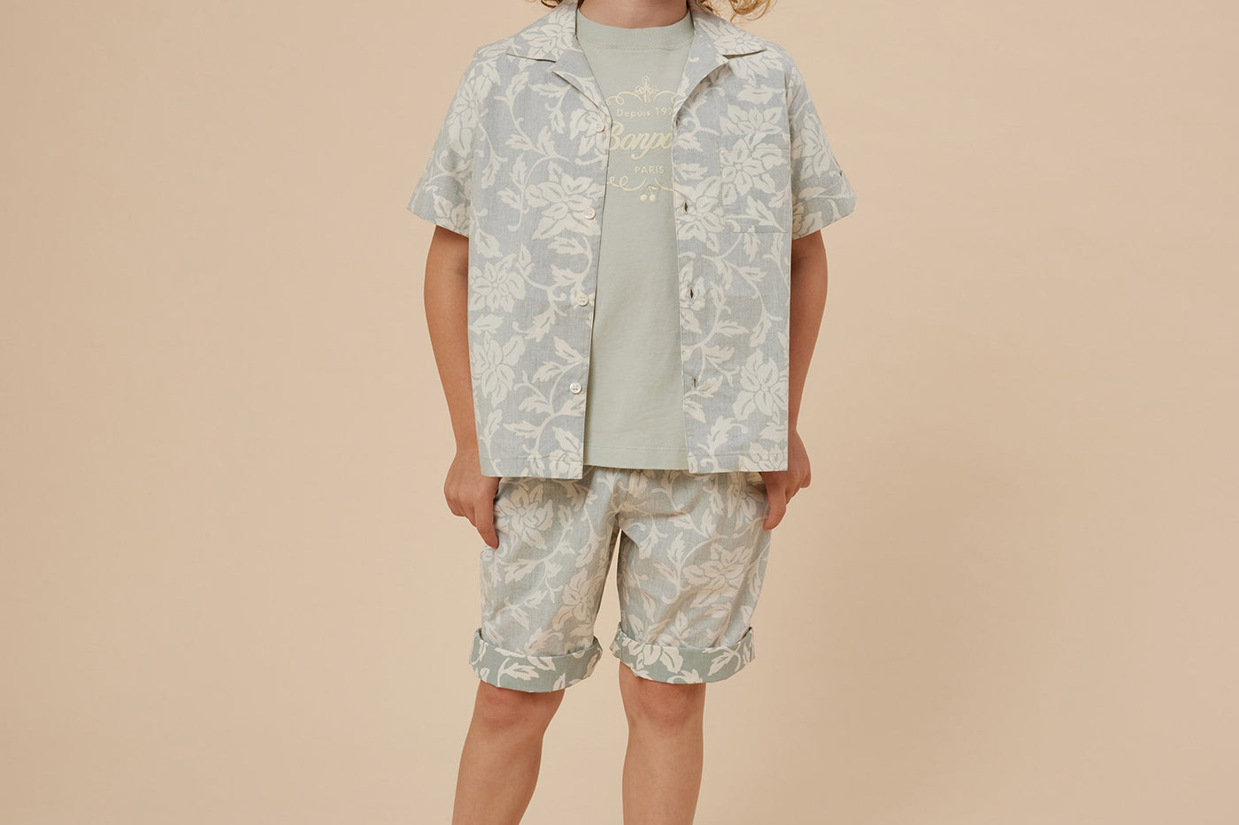 Summer 2024 boy's look celadon green shirt