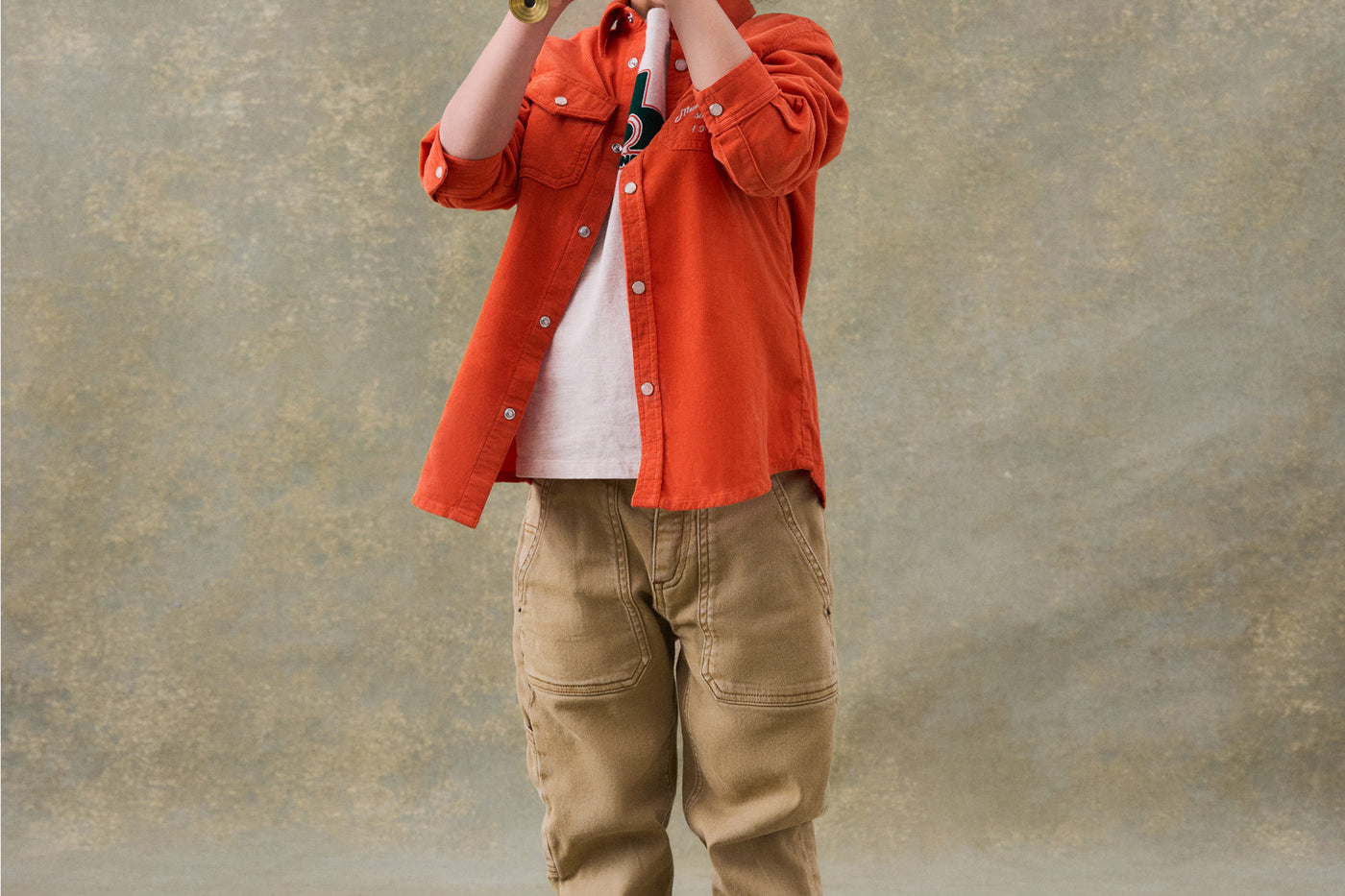 Winter 2024 boy's look orange button down shirt