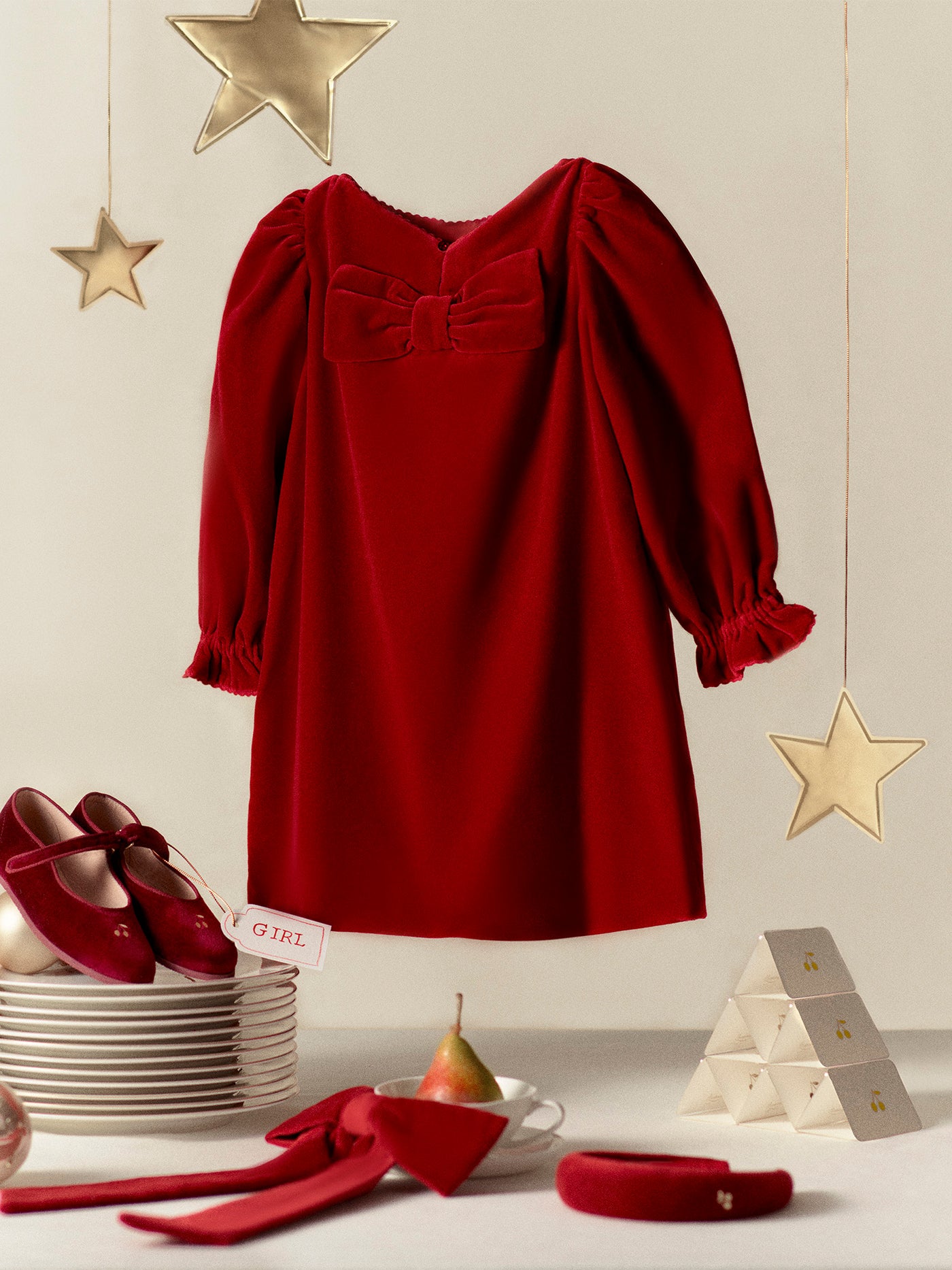 Jove dress with a tie at the back in organic cotton velvet