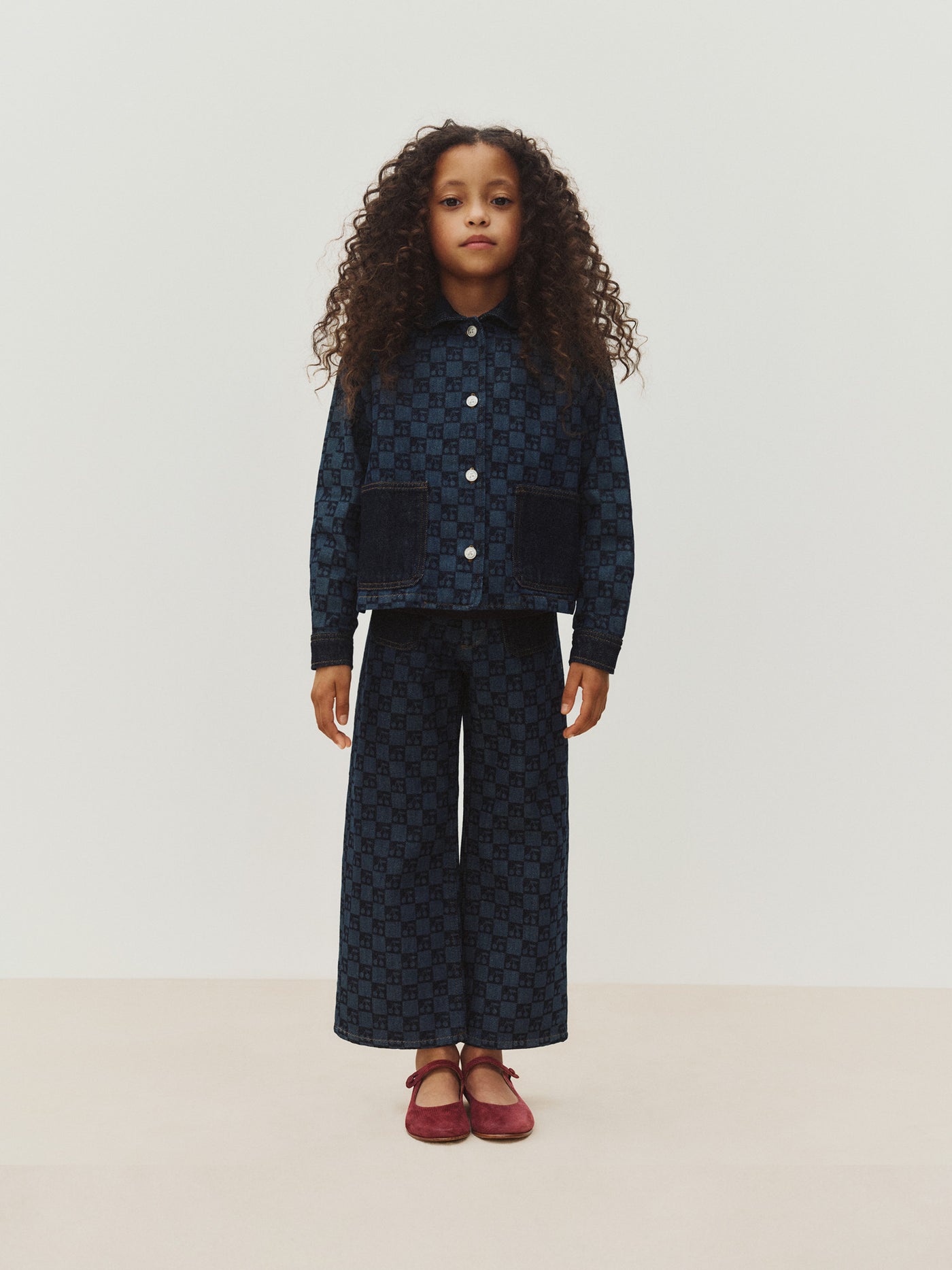 Marity quilted jacket with Peter Pan collar and cherry checkerboard print in organic cotton