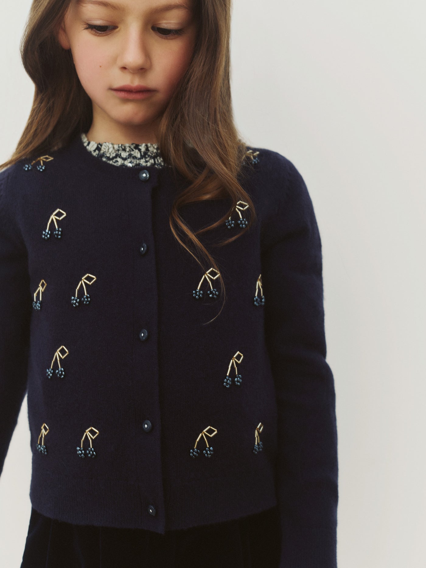 Cardigan Marisha navy with hand-embroidered cherries and pearls in cashmere