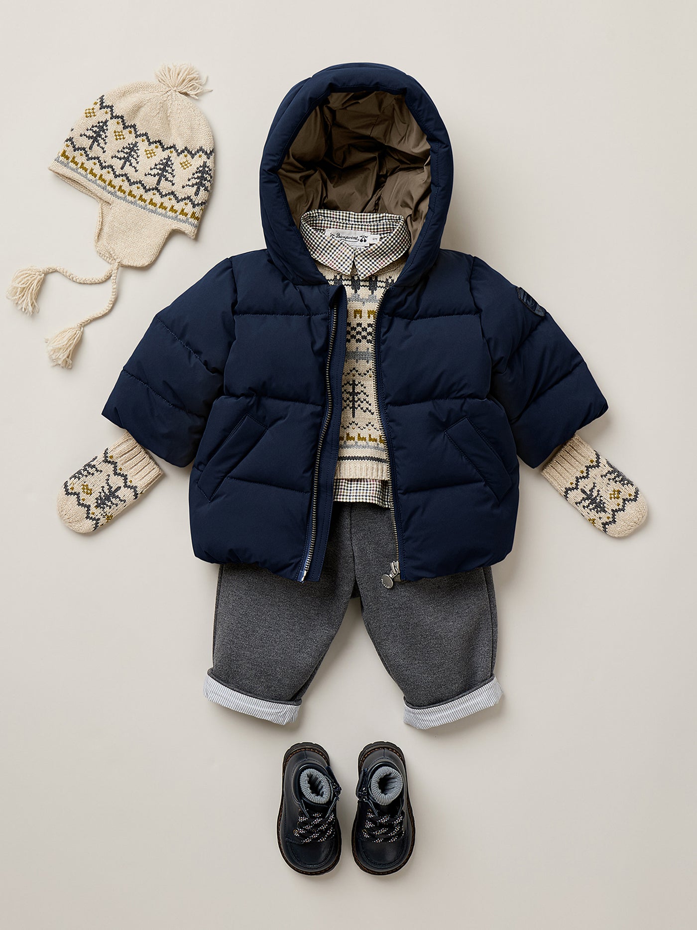 Baby Boy Winter 2026 Look - Hooded puffer jacket and wool accessories