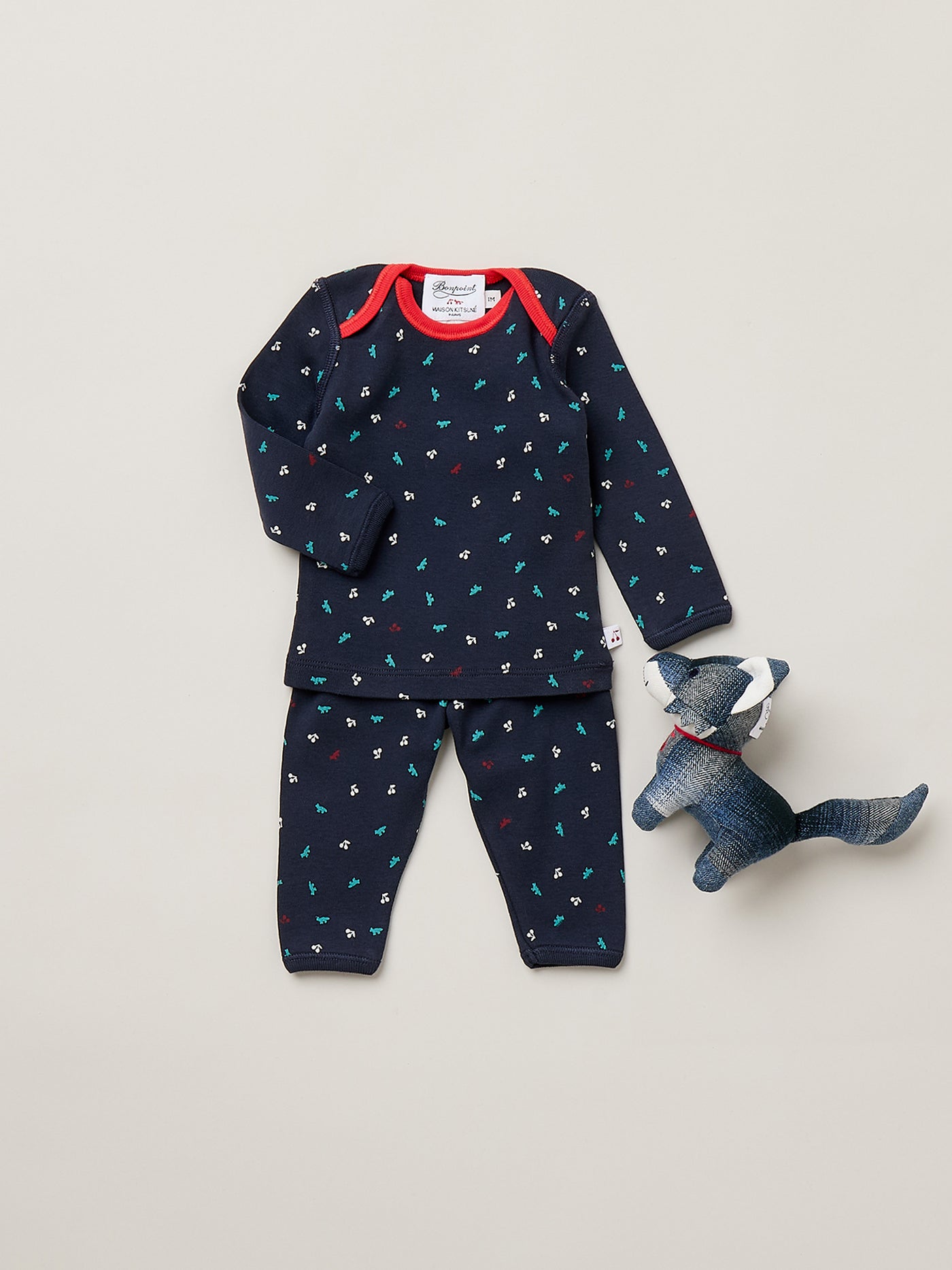 Bonpoint x Maison Kitsuné Timi set with cherry and fox print, organic cotton