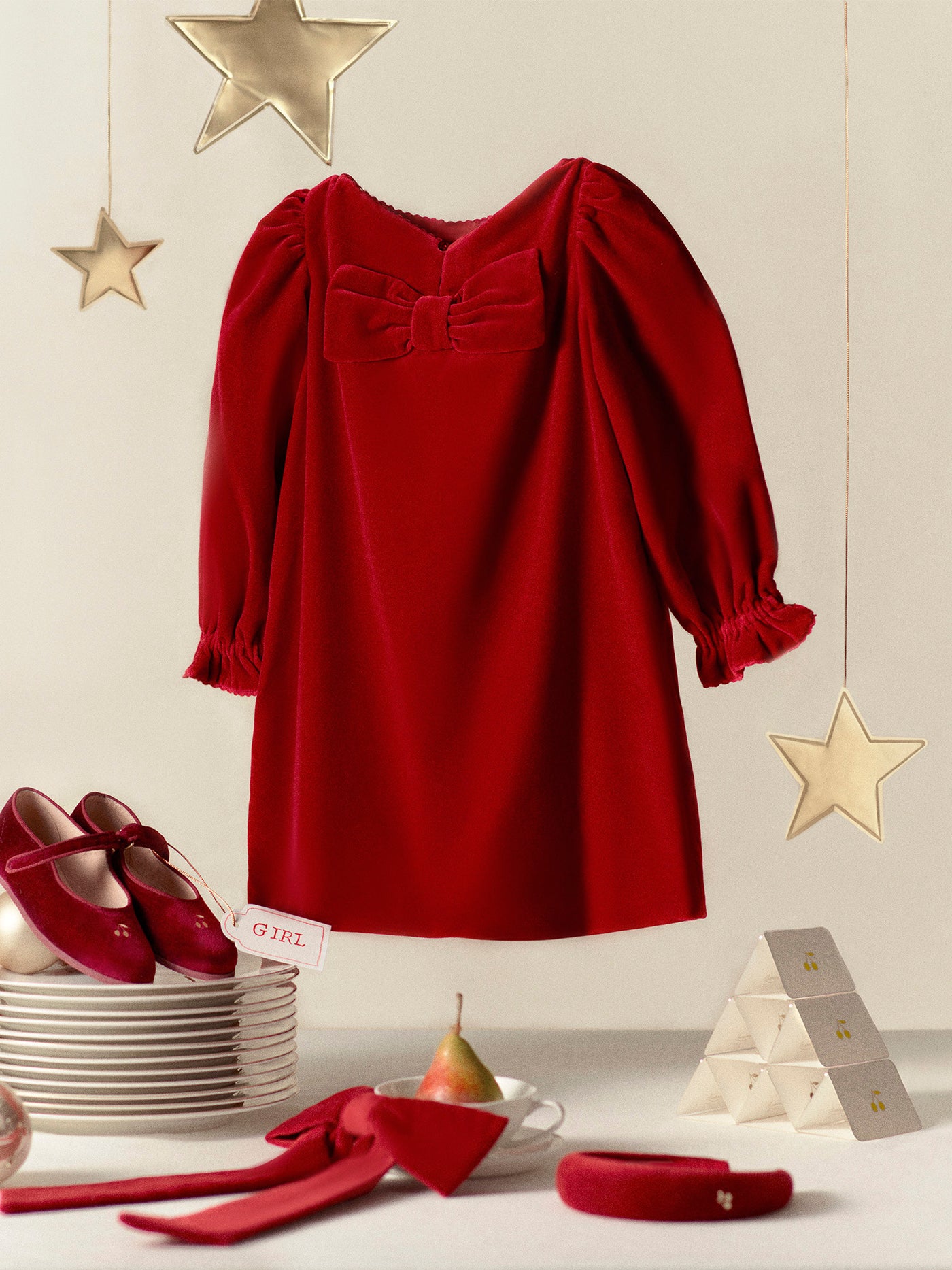 Jove dress with a tie at the back in organic cotton velvet