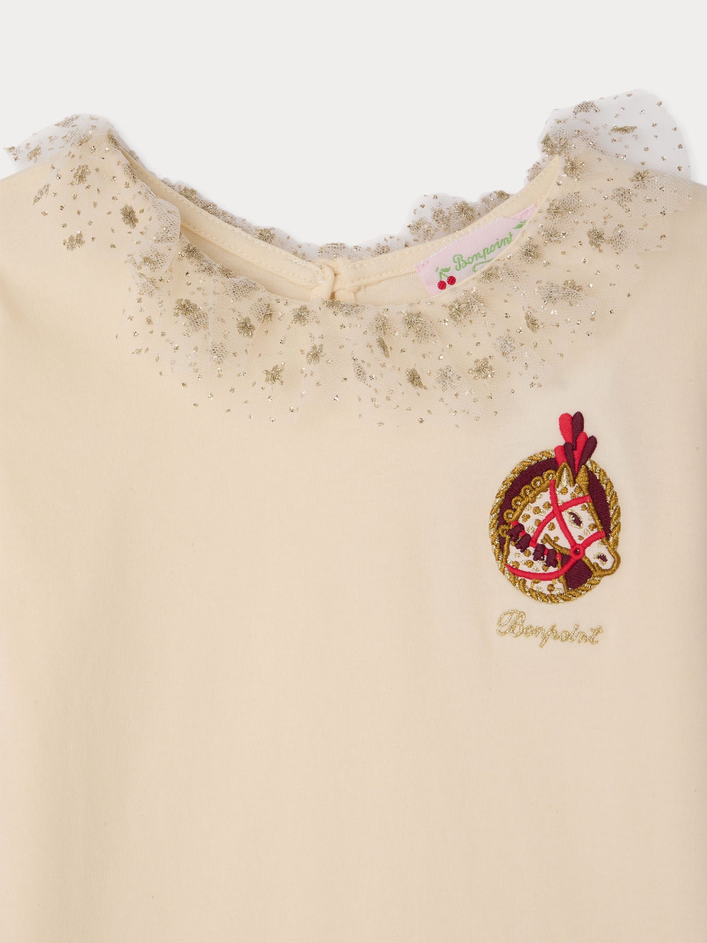 Tidjany T-shirt with tulle collar and horse print in organic cotton