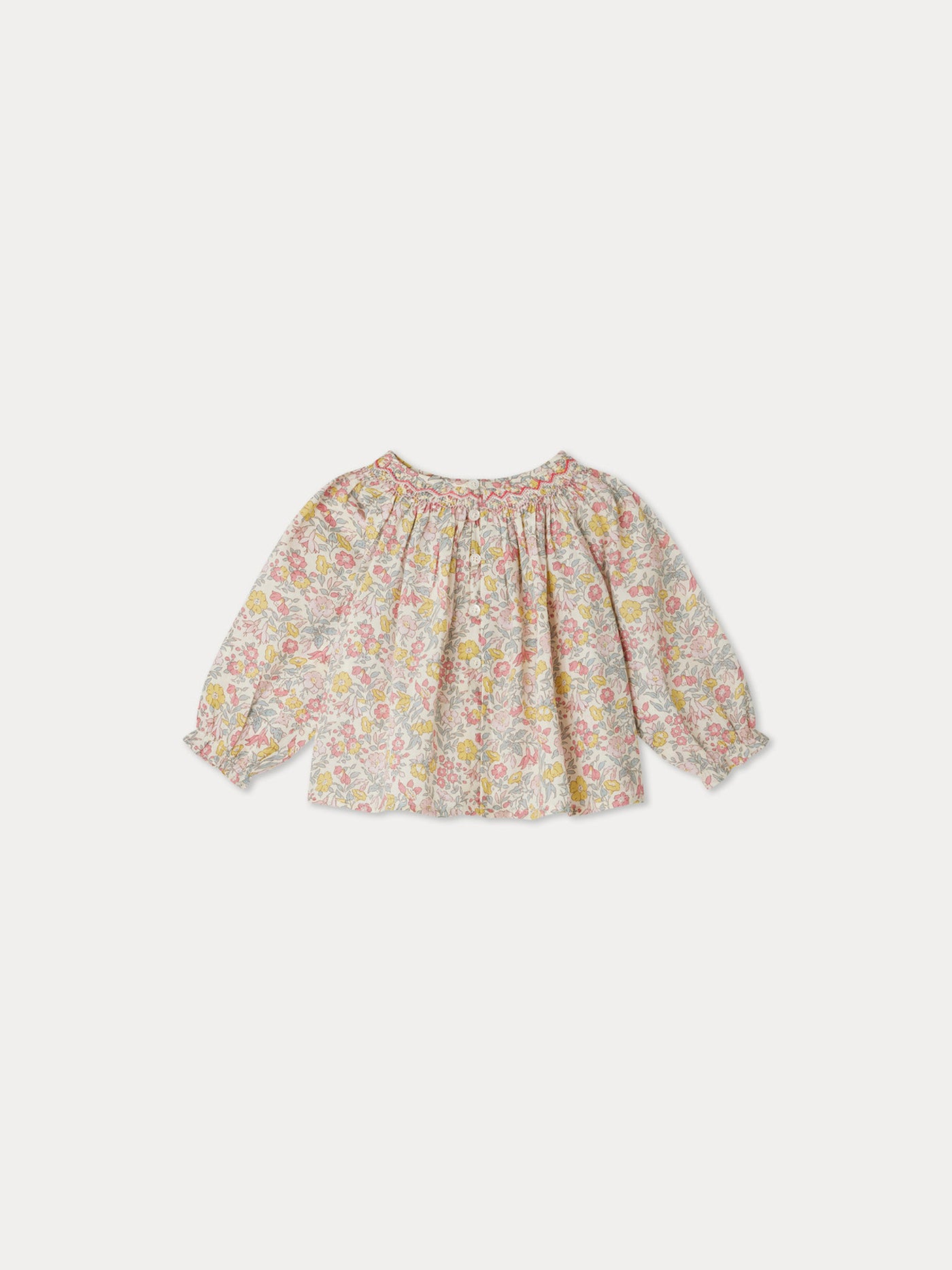 Griotte smocked blouse in pink organic Liberty fabric