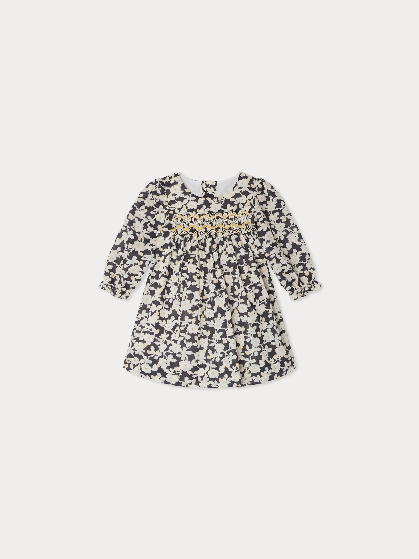 Jailys smocked and embroidered dress in Liberty fabric in organic cotton