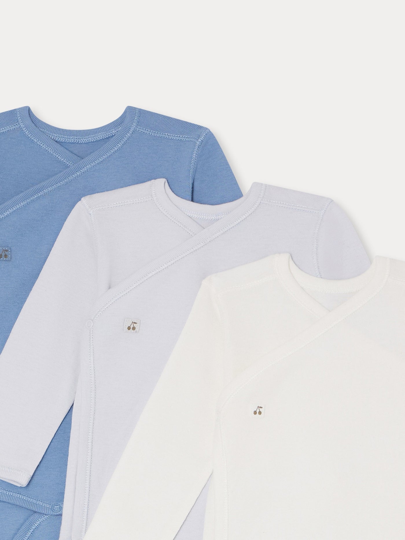 Set of 3 organic cotton wrapover bodysuits in blue