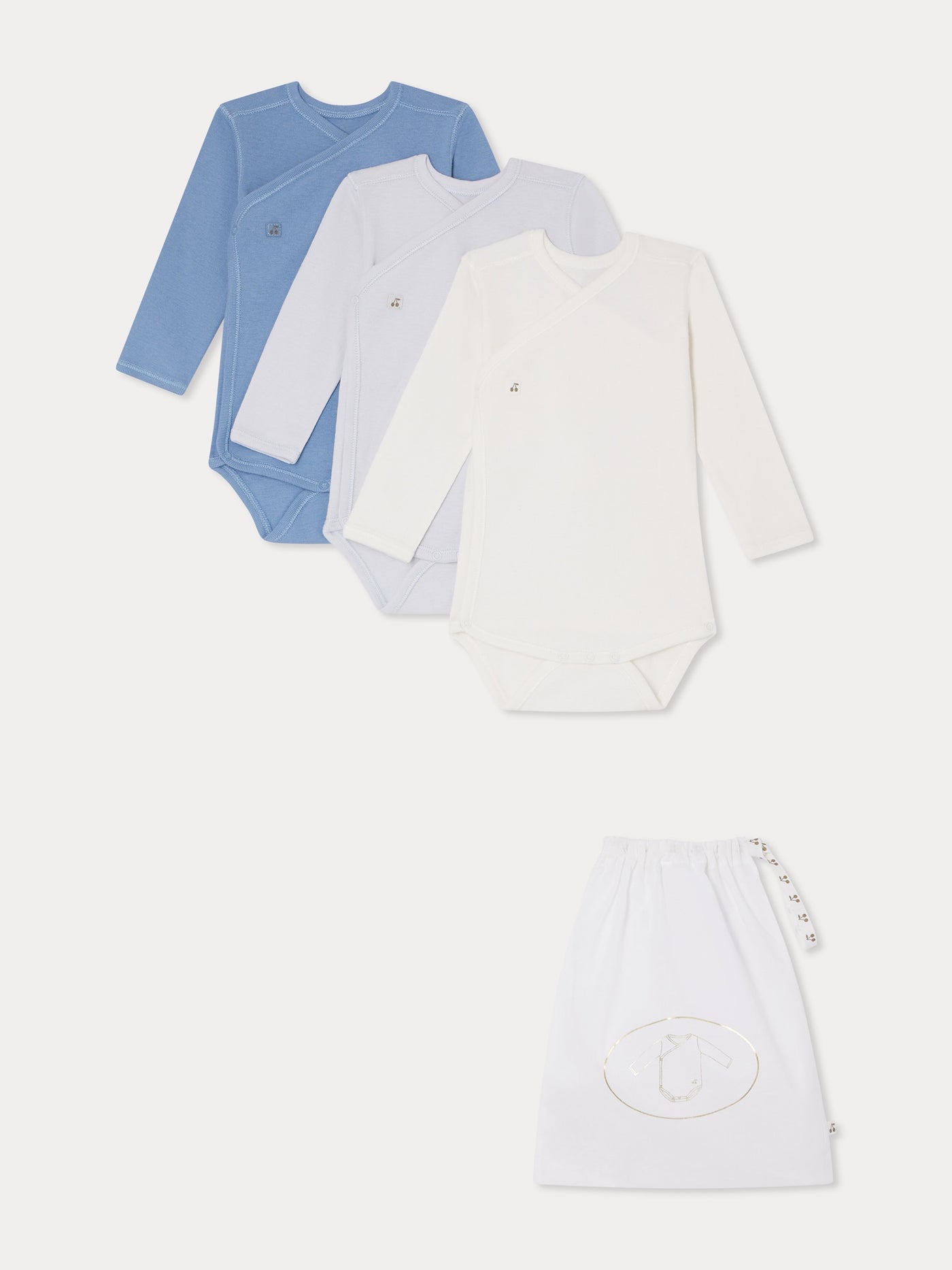 Set of 3 organic cotton wrapover bodysuits in blue