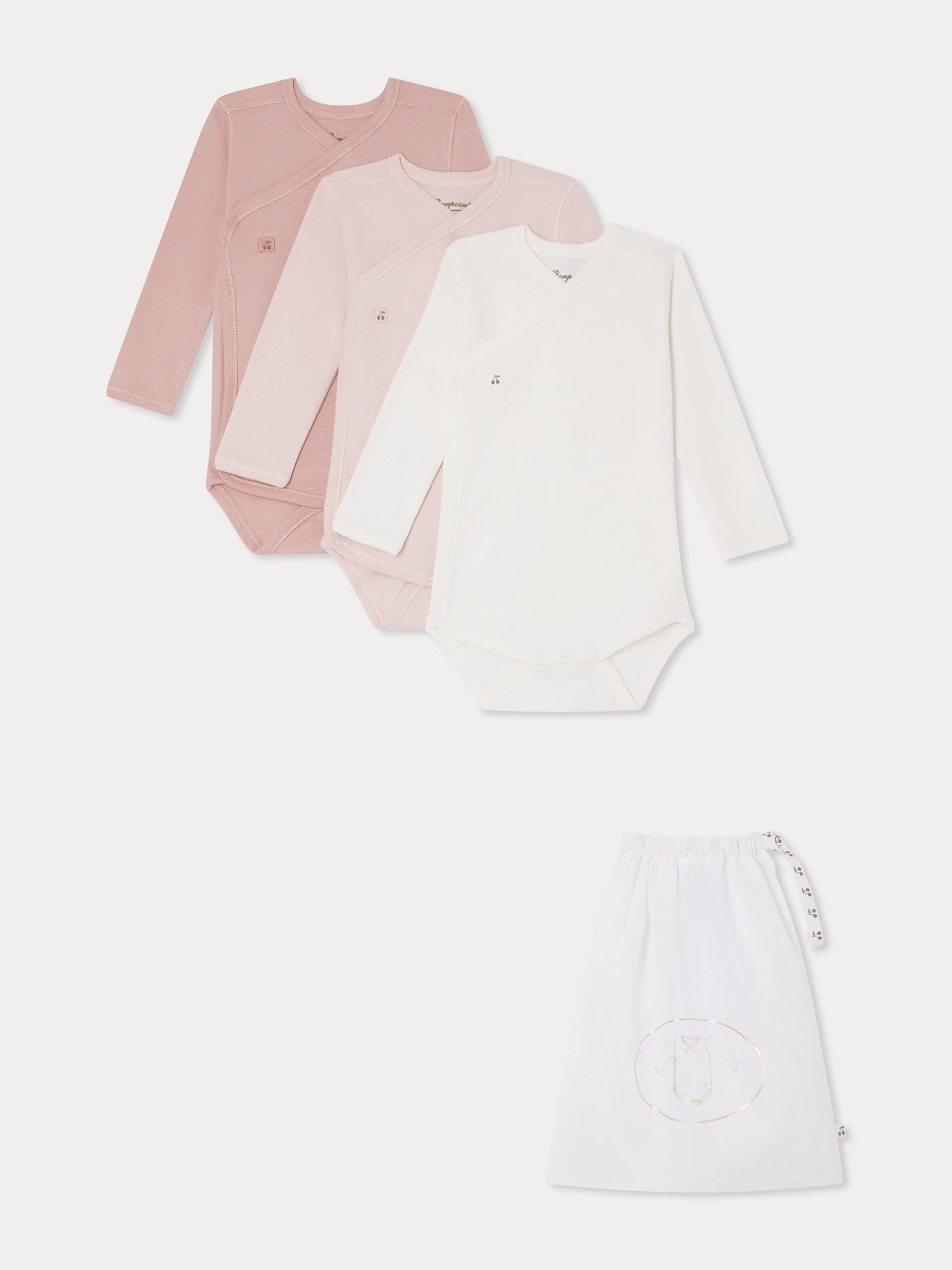 Set of 3 organic cotton wrapover bodysuits in pink