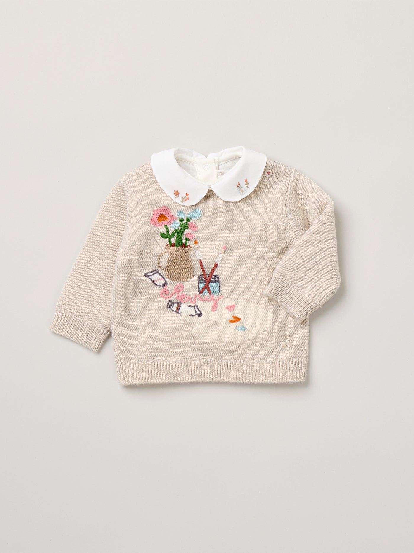 Almire baby sweater with hand embroidered painter's workshop