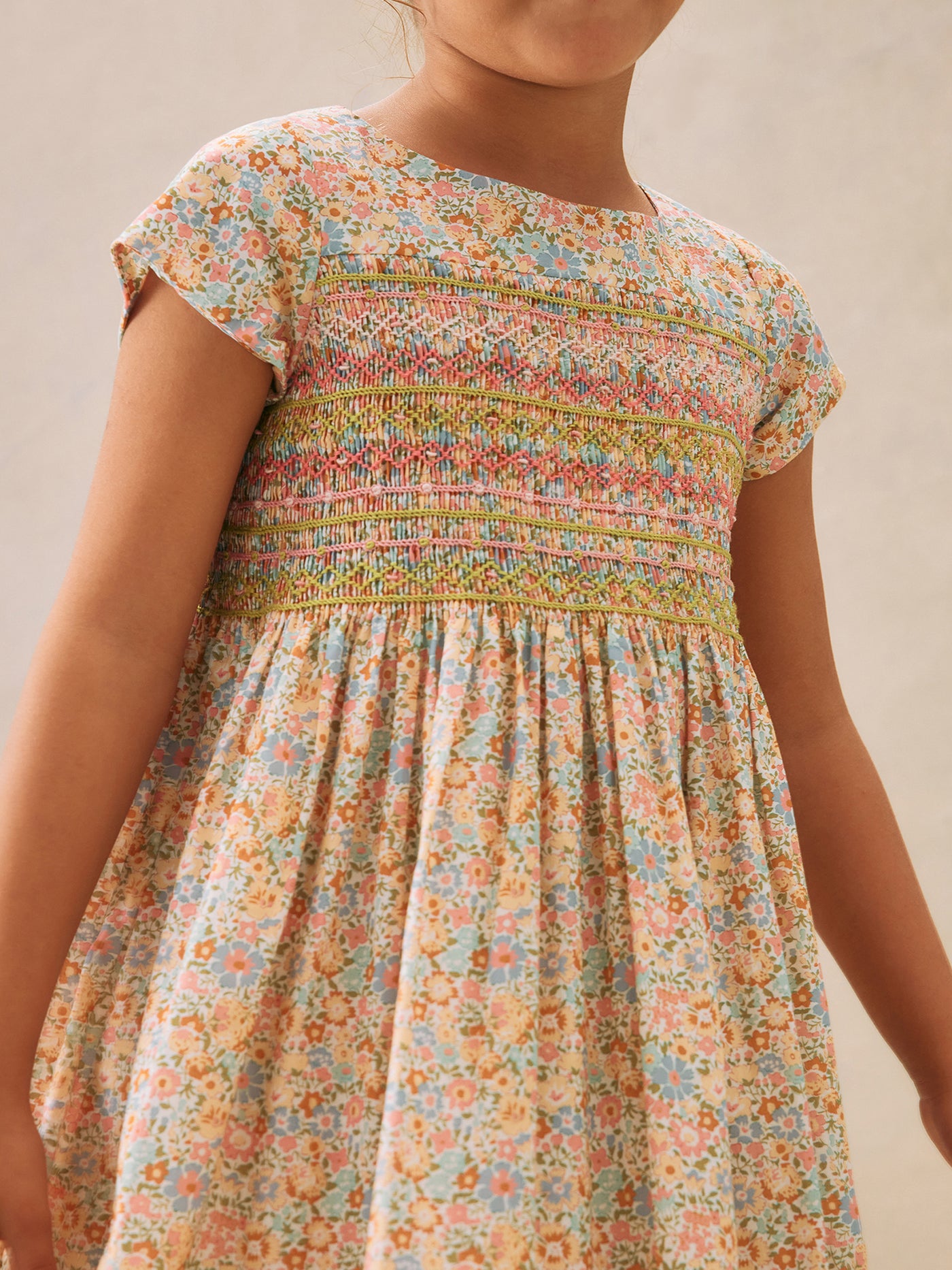 Duchesse smocked dress made with multicolor Liberty fabrics