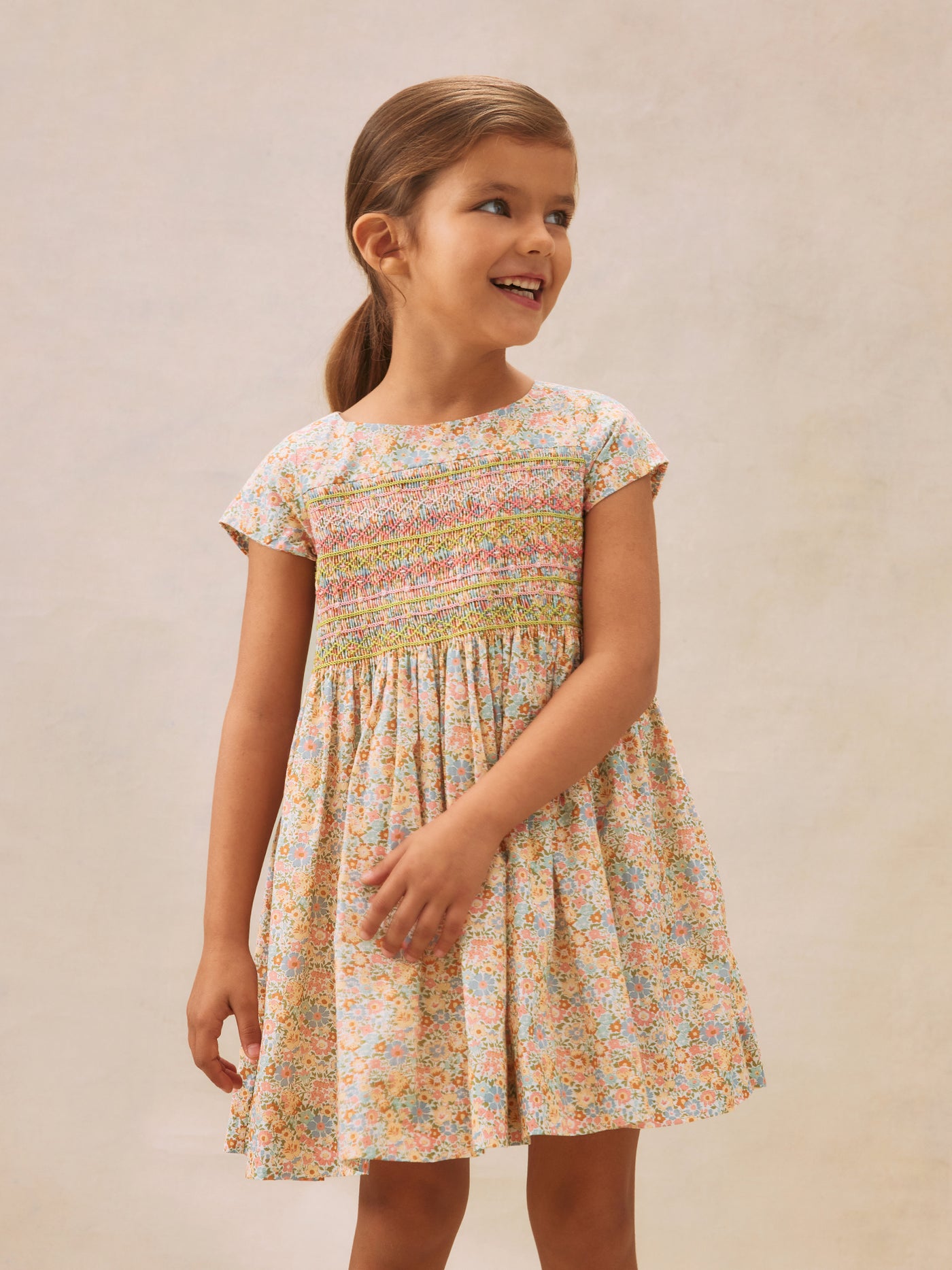 Duchesse smocked dress made with multicolor Liberty fabrics