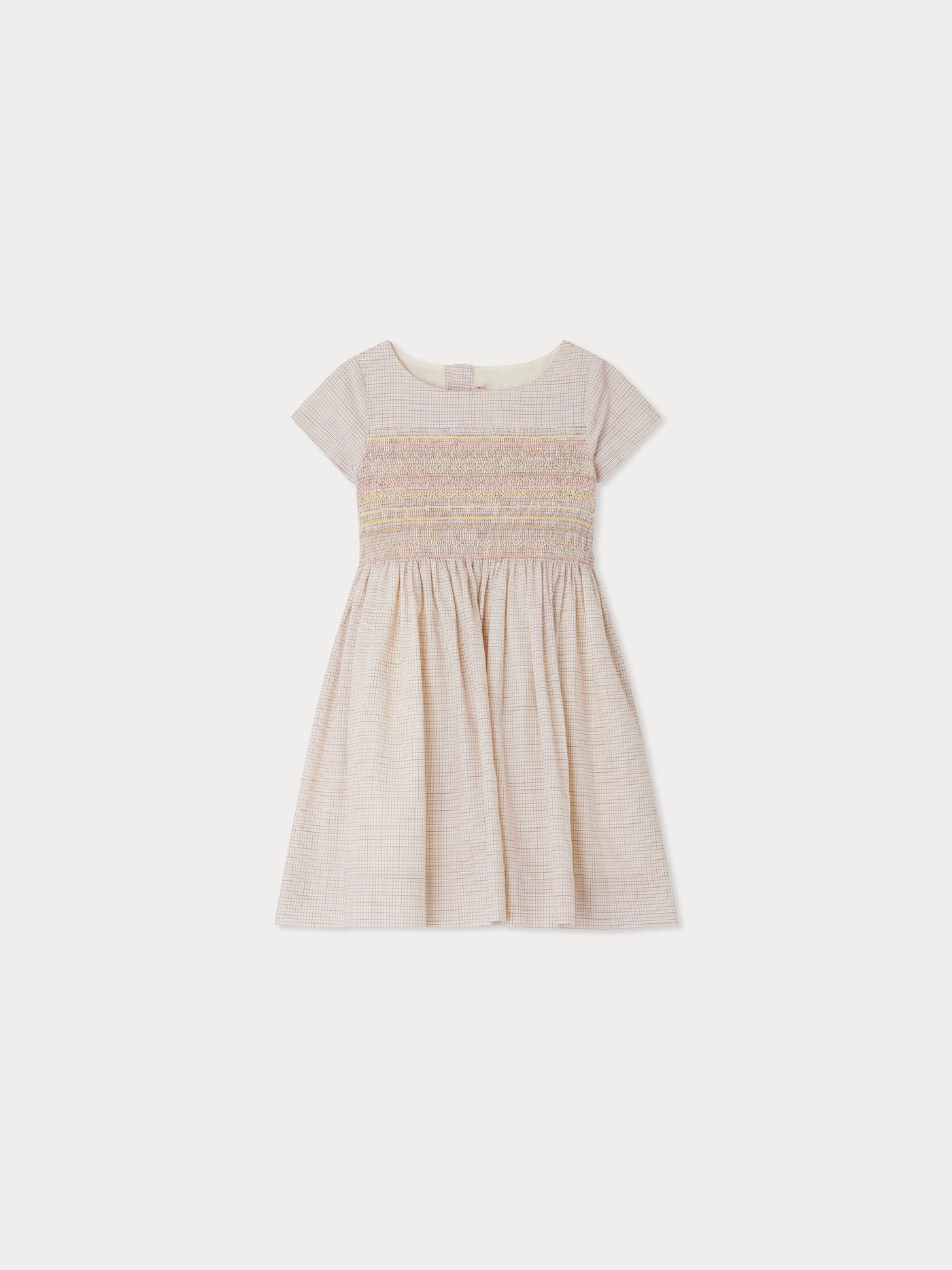 Duchesse smocked and embroidered dress in checked fabric