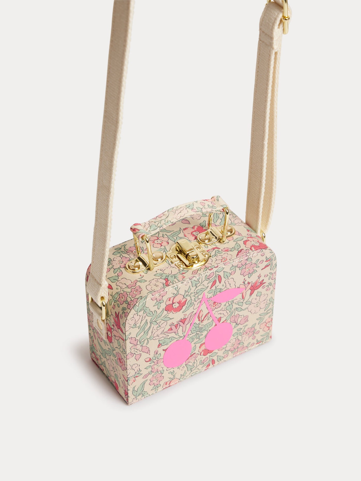 Jadore raspberry-colored suitcase bag in Liberty fabric with a cherry print in organic cotton