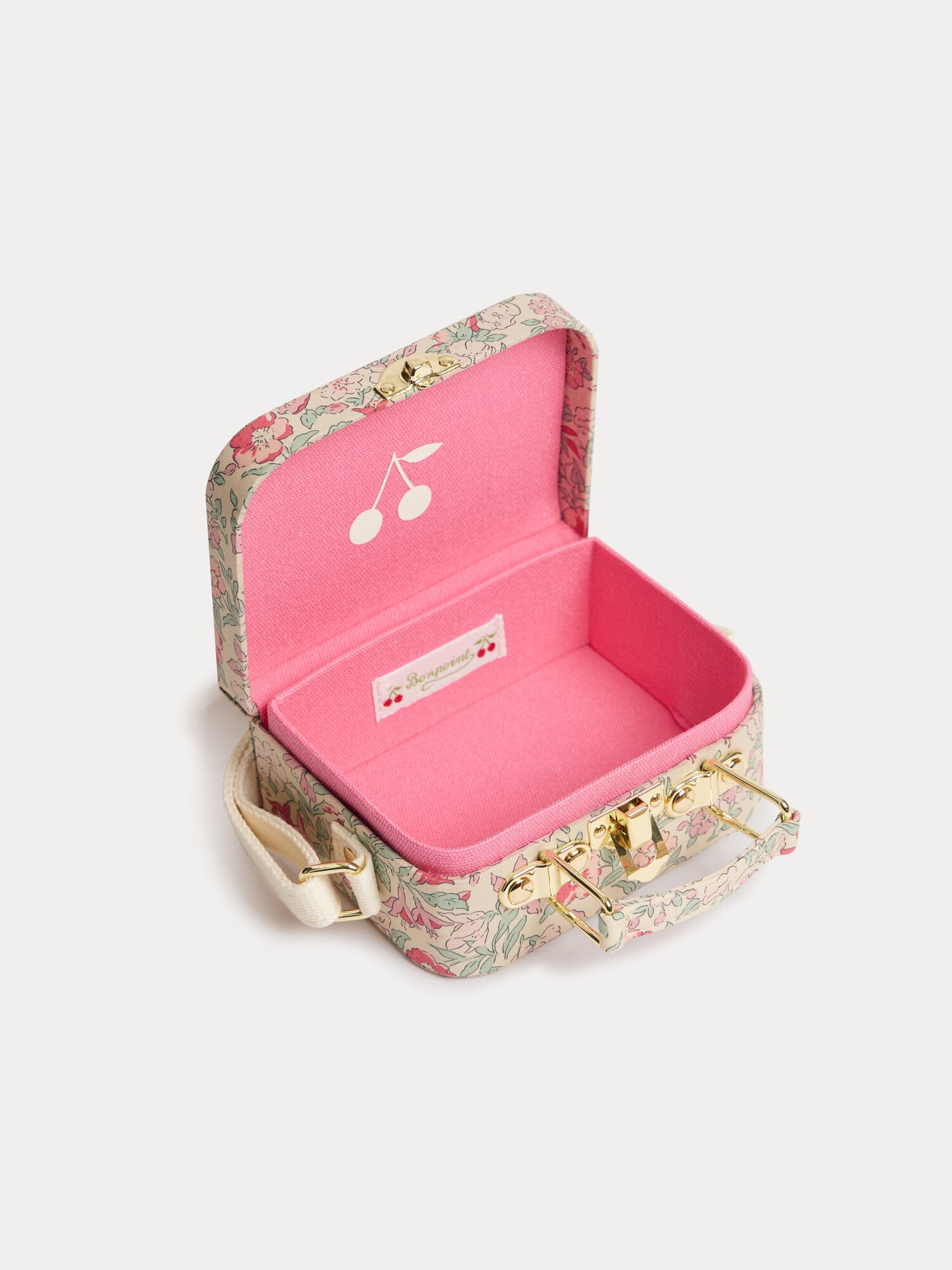 Jadore raspberry-colored suitcase bag in Liberty fabric with a cherry print in organic cotton