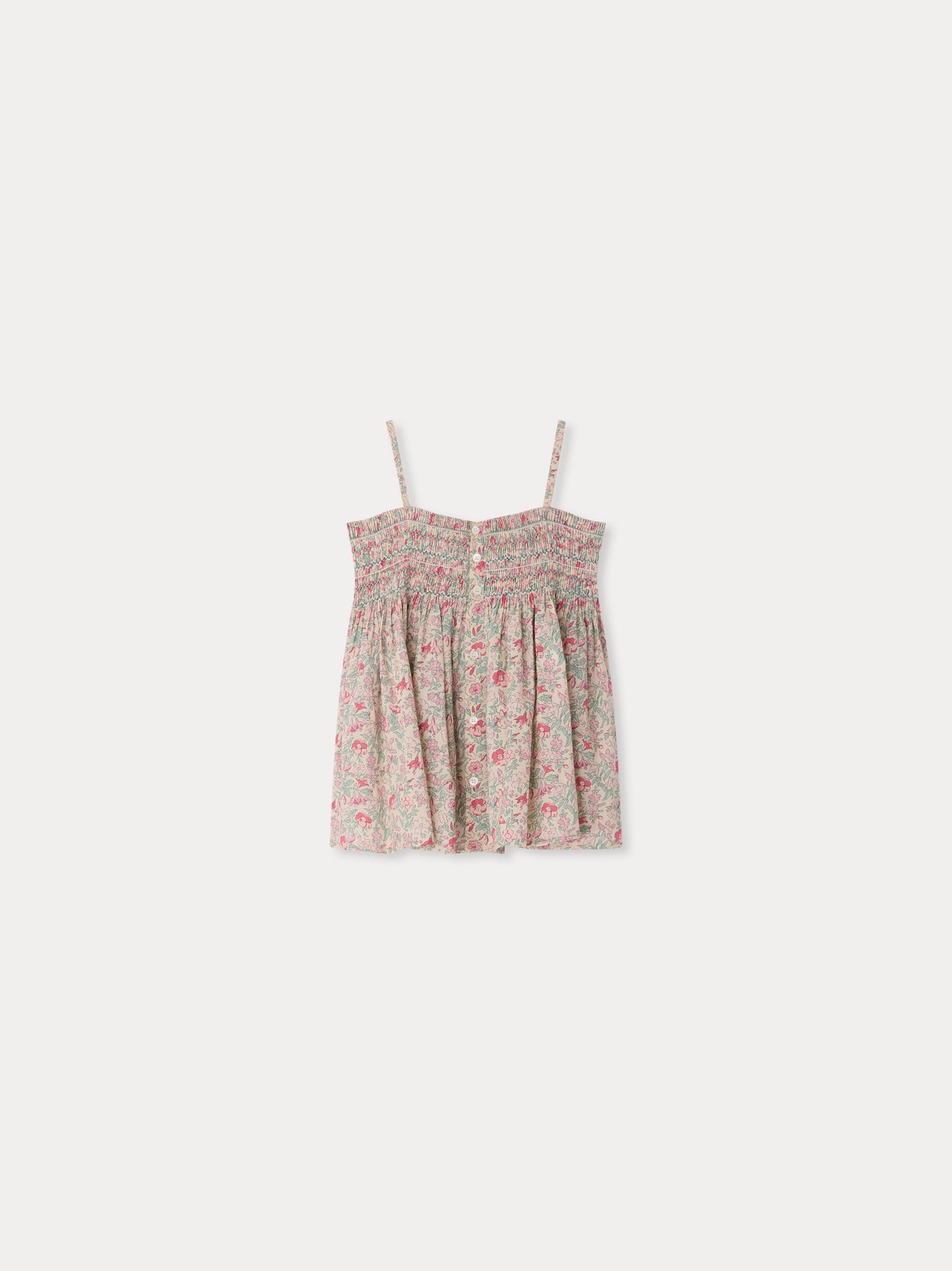 Apolline smocked and hand-embroidered strappy blouse in Liberty organic cotton fabric