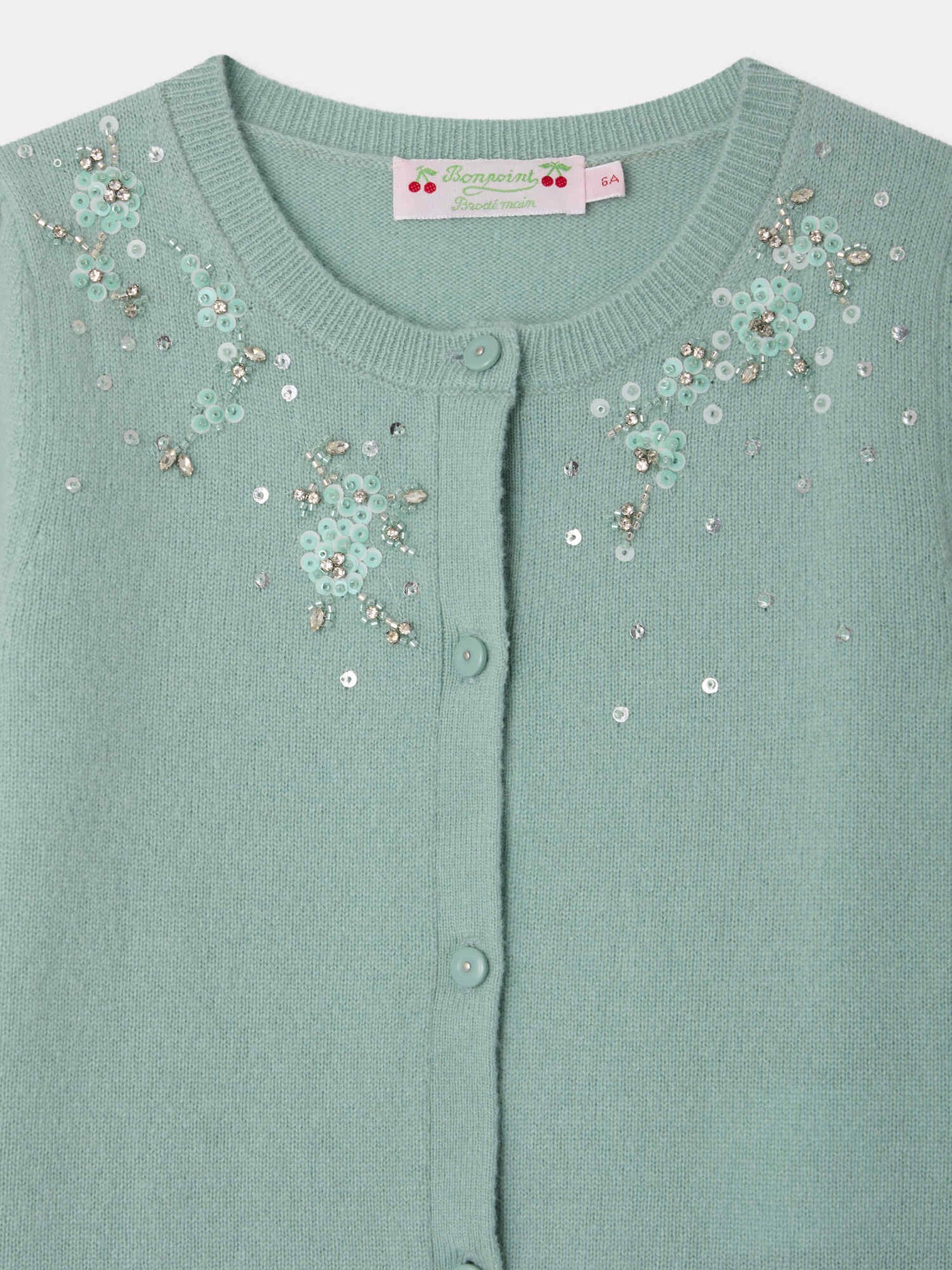Louella cardigan with round neck and hand-embroidered beaded flowers in cashmere