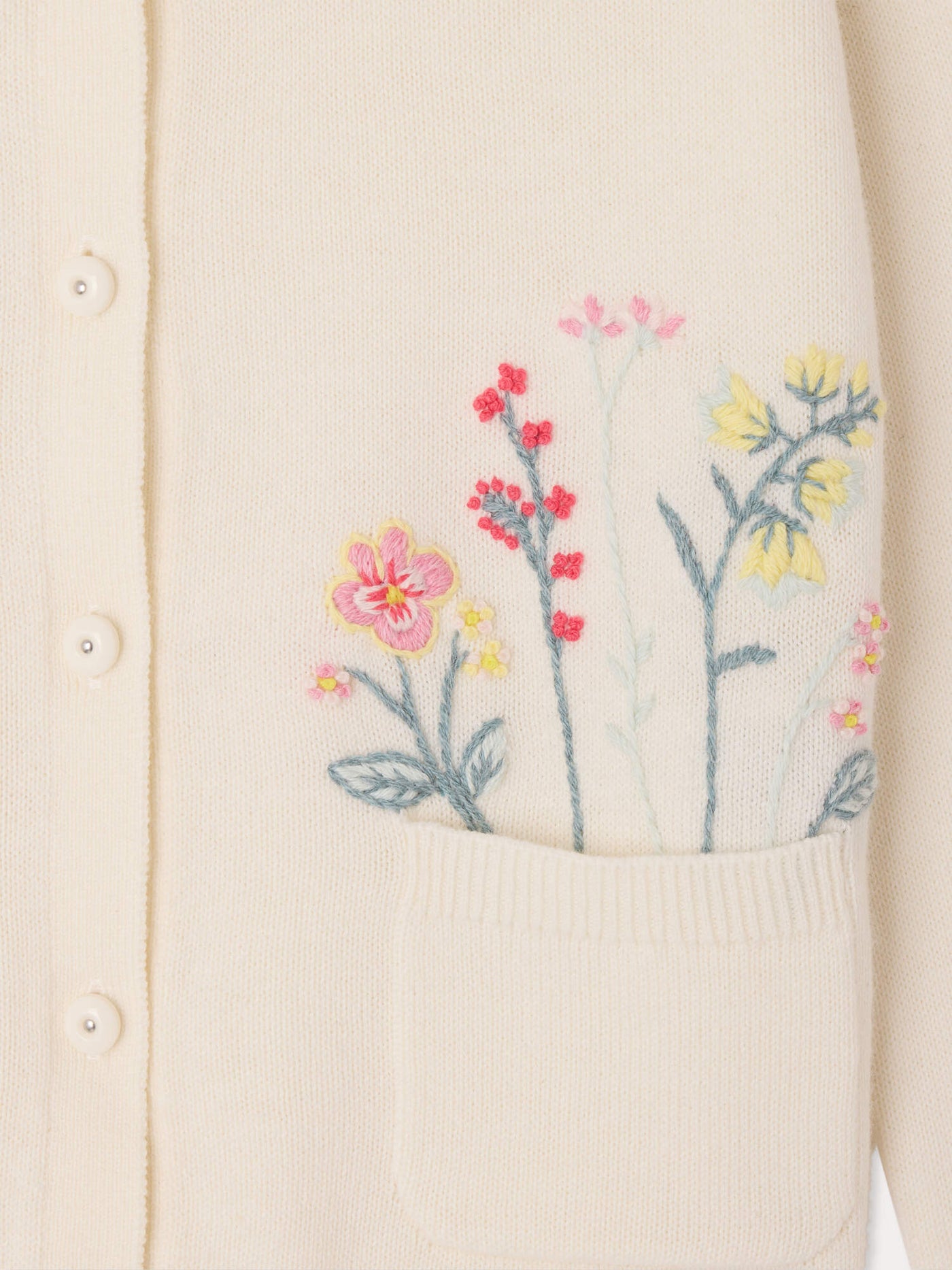 Lucila cardigan with round neck and hand-embroidered flowers in organic cotton and cashmere