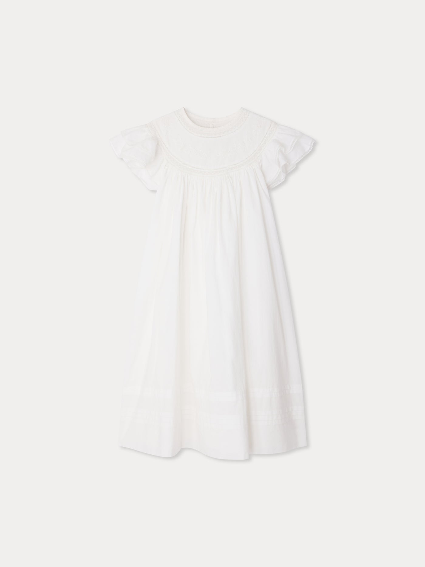 Leocardie dress hand-embroidered in organic cotton voile and Calais lace