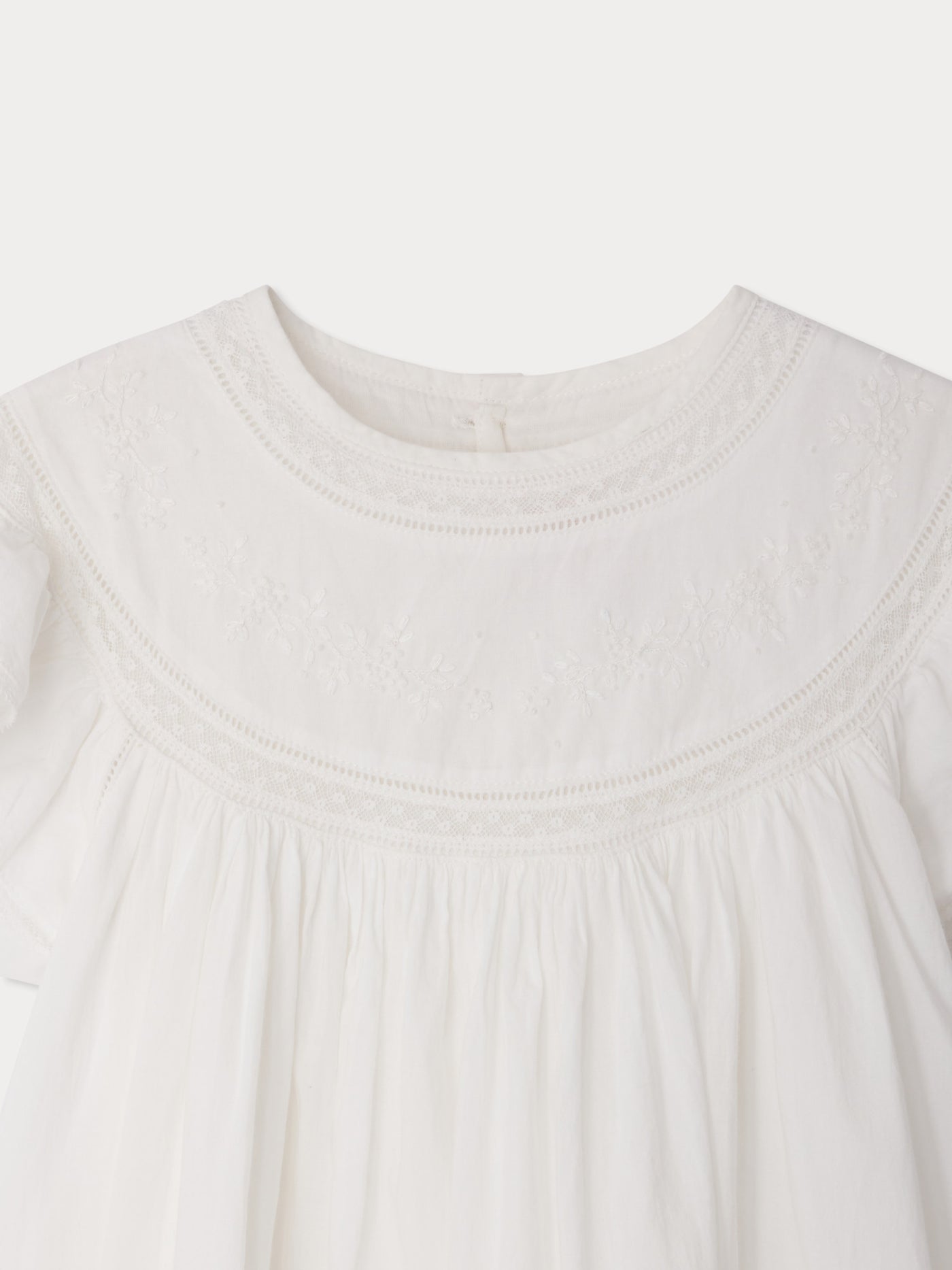 Leocardie dress hand-embroidered in organic cotton voile and Calais lace