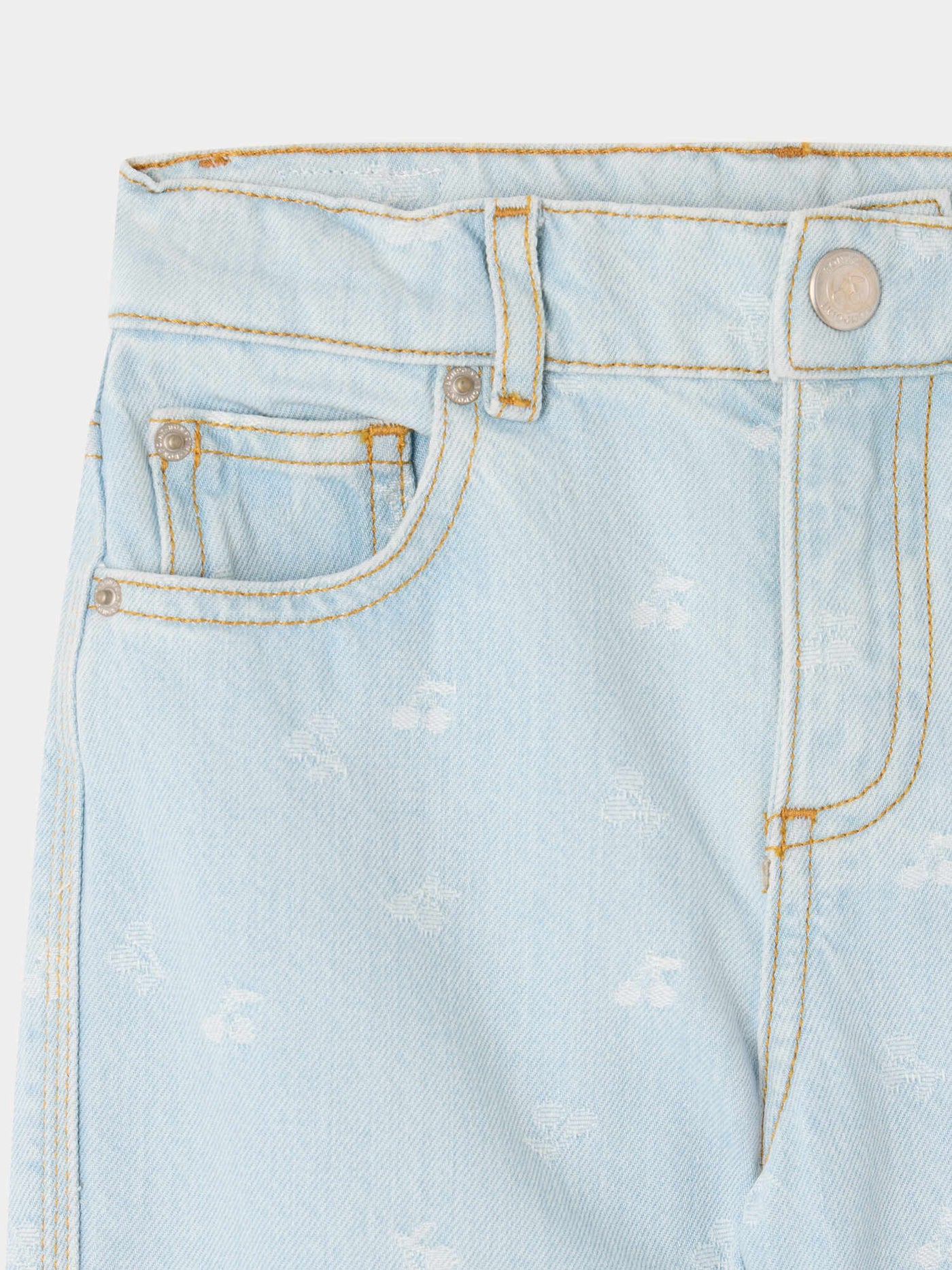 Eloha wide-leg denim trousers with cherry jacquard pattern