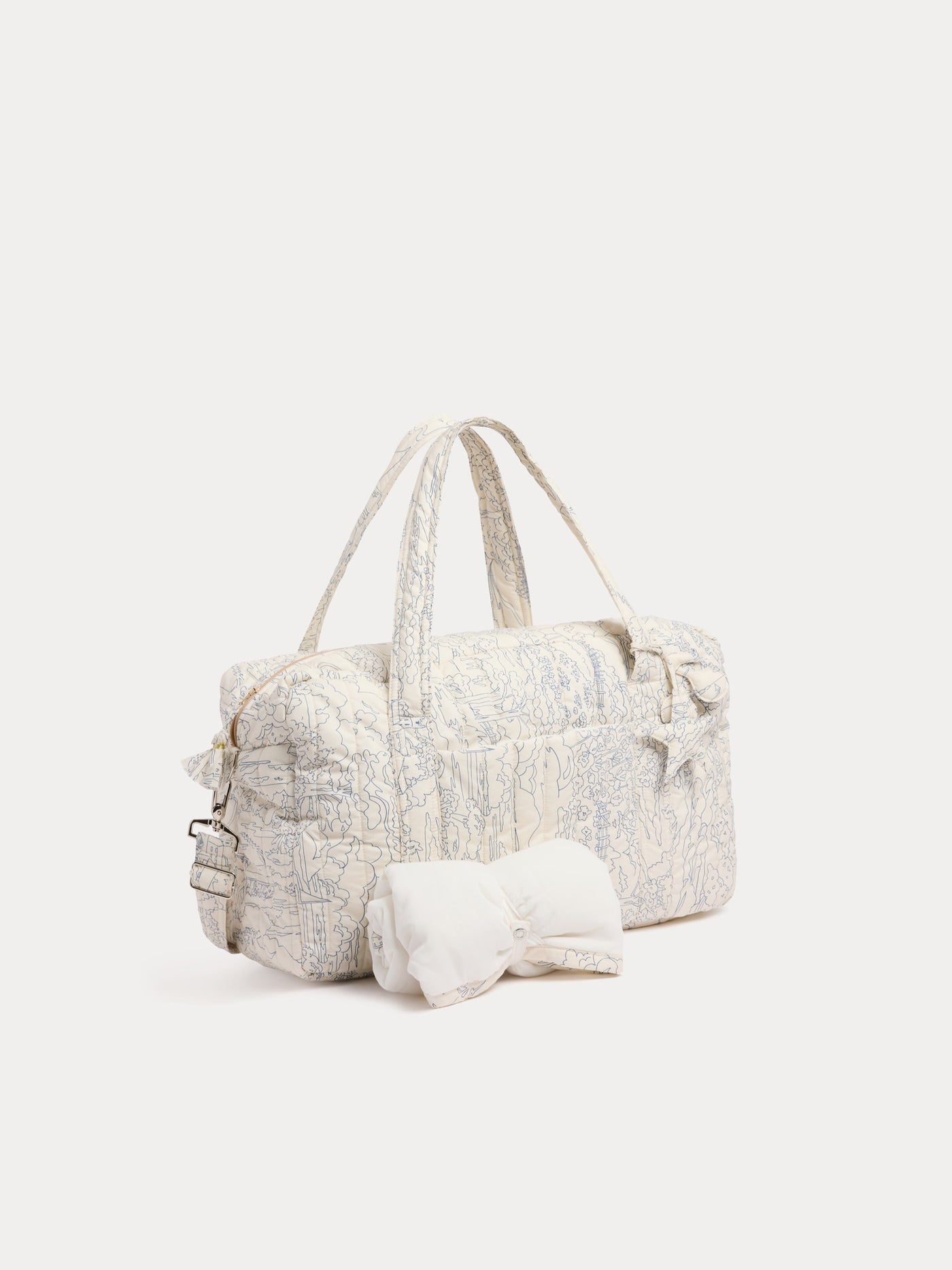 Quilted Piou blue changing bag in Liberty organic cotton fabric