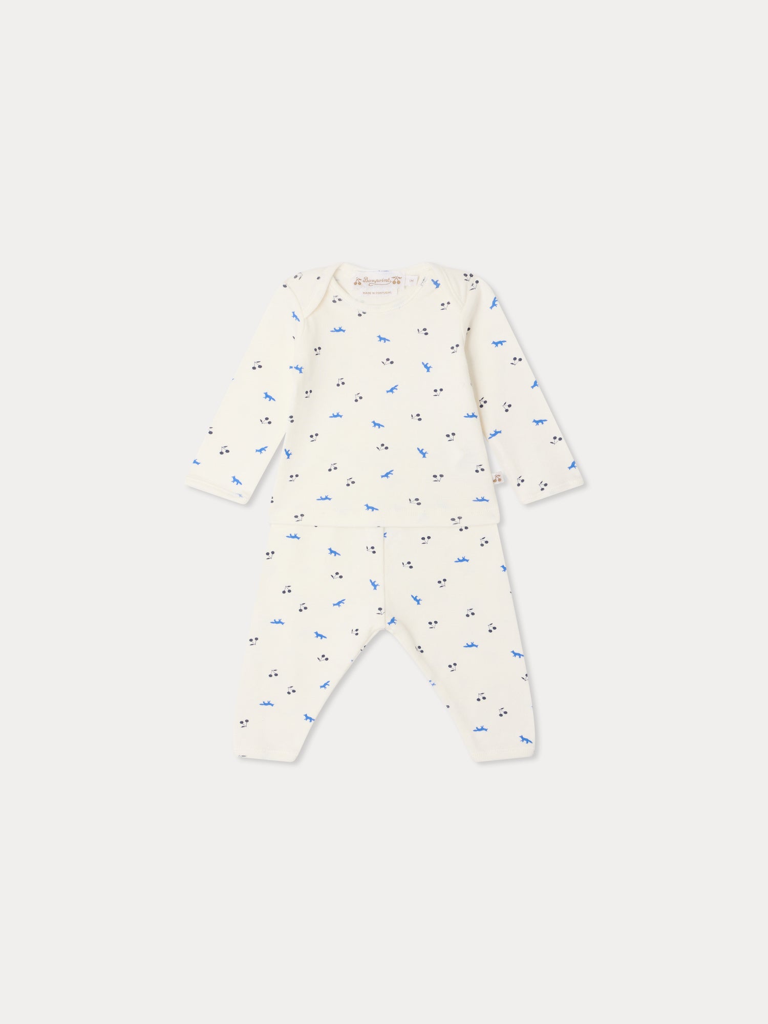 Bonpoint x Maison Kitsuné Timi set with fox and cherry print in organi