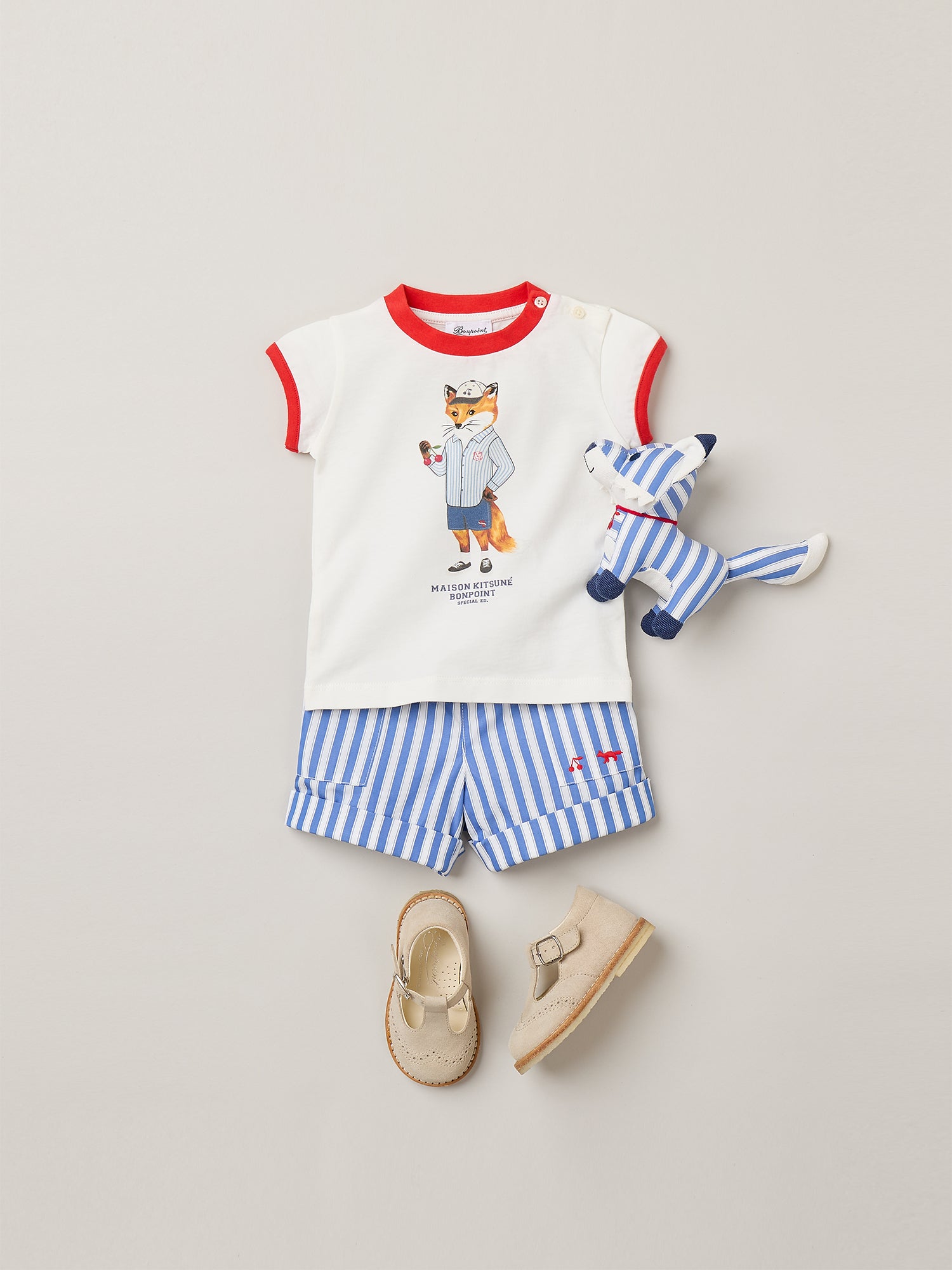 MAISON KITSUNÉ X BONPOINT チェリー フォックス Bonpoint x Maison Kitsuné Lyrical T-shirt with fox print in organic co