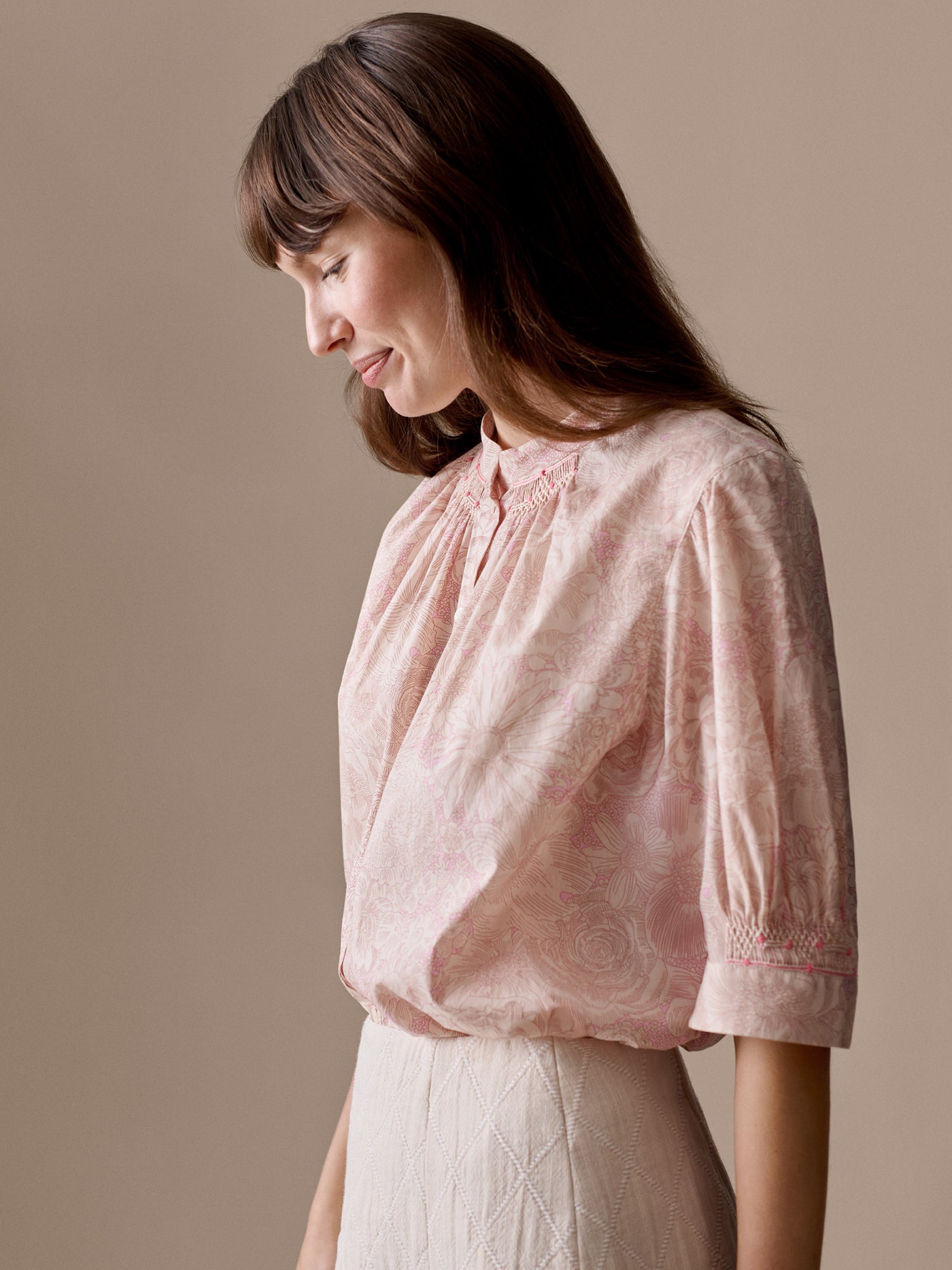 Lucy smocked and hand-embroidered blouse in Liberty organic cotton fabric